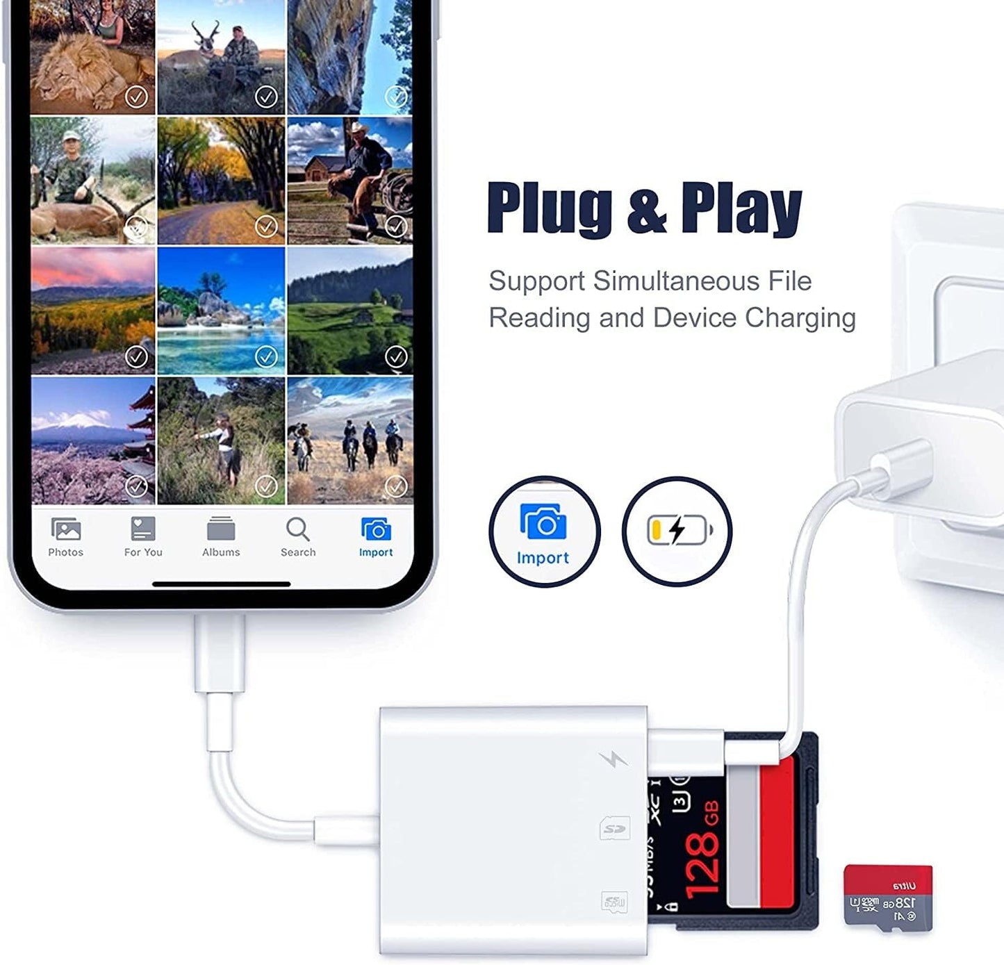 esbeecables SD Card Reader for iPhone iPad, Trail Game Camera SD Card Viewer with Dual Slot Simultaneous Charging