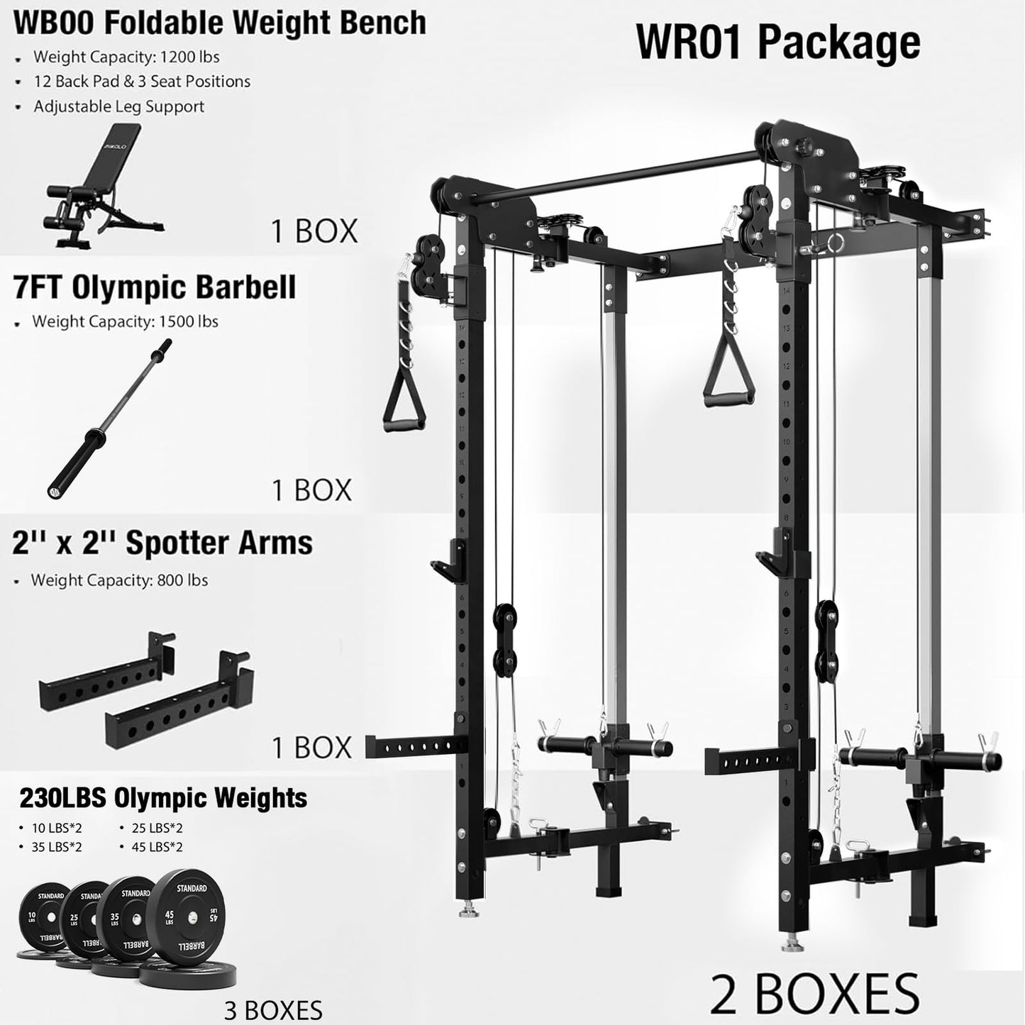 Mikolo Folding Squat Rack, Wall Mounted Power Rack with Cable Crossover Machine & LAT Pull Down, Functional Trainer with 5 Adjustable Function Modes, with Weights (Black)