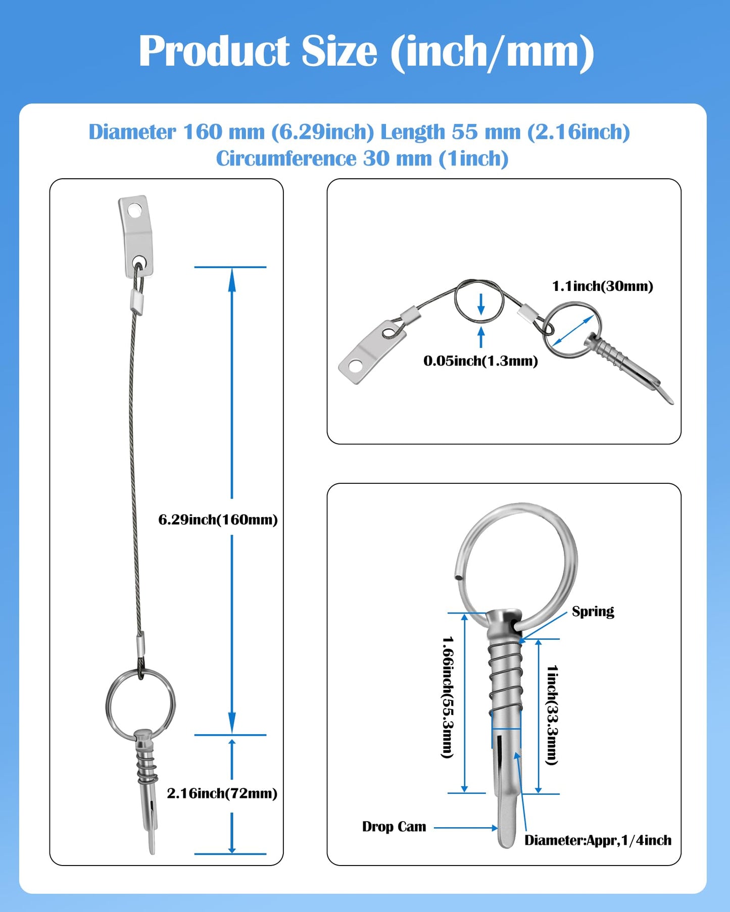 Nerites 1/4" Diameter Bimini Top Quick Release Pins 316 Stainless Steel Pin and Ring Easy to Fix and Remove Bimini Pins, Marine Hardware for Boats, Yachts, Speedboats, Motorboats, Ships (4 Pack)