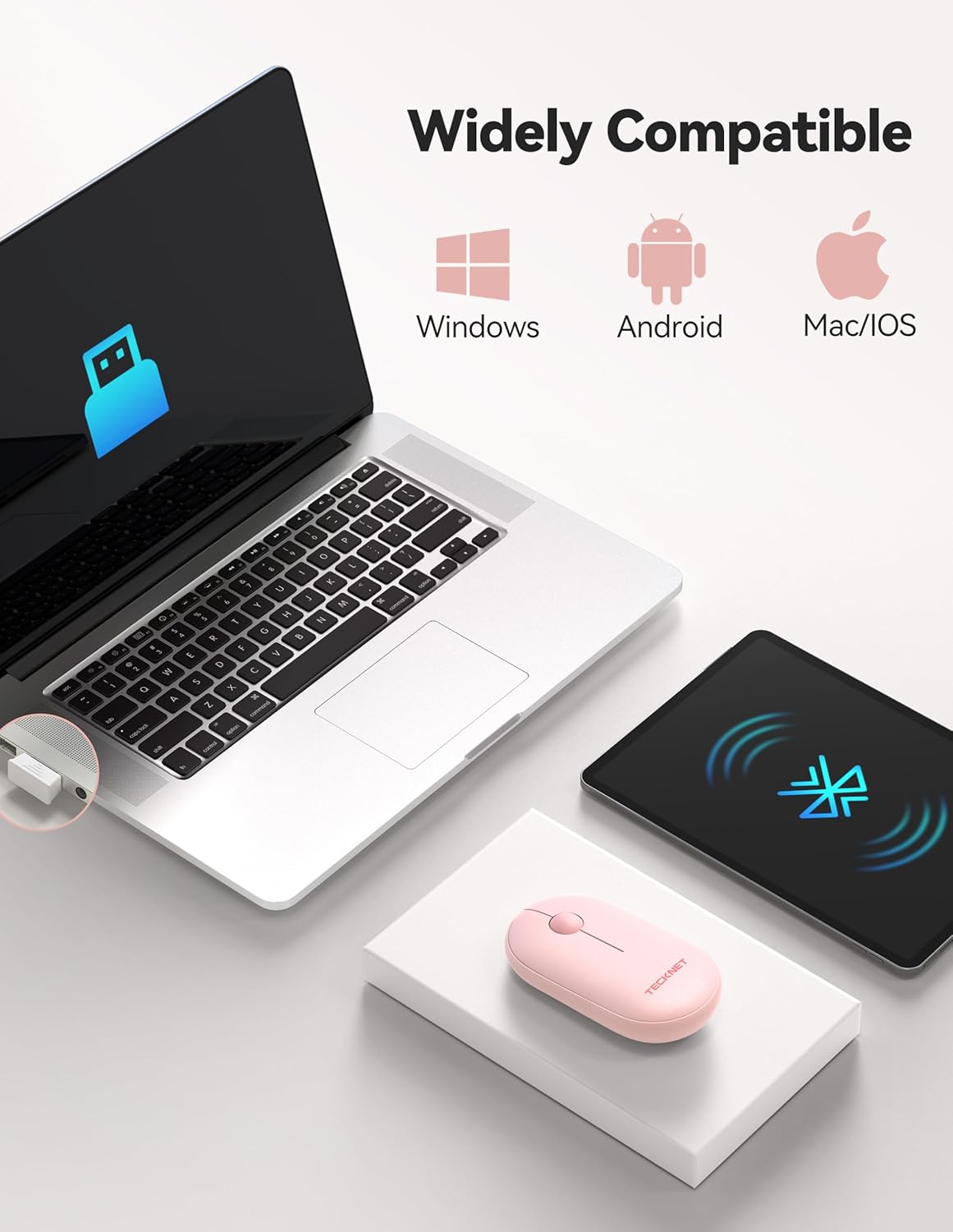 TECKNET 2 Modes(BT3.0/5.0+2.4Ghz), Bluetooth Mouse, Slim Portable Wireless Mouse for Lightweight, Contoured Grip