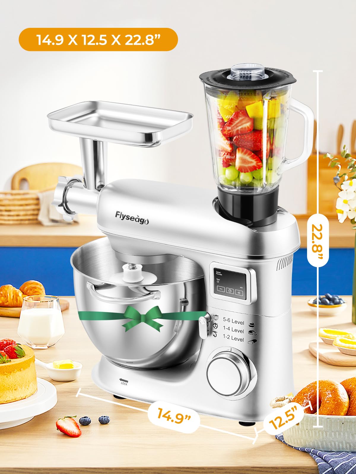 Flyseago Stand Mixer 8-IN-1 8.5 Qt 2000W Multifunctional Fermentation Electric Kitchen Mixer 6 Speed Tilt-Head with Stainless Steel Bowl, 1.5L Glass Jar Meat Grinder Dough Hook Whisk Pasta Attachment