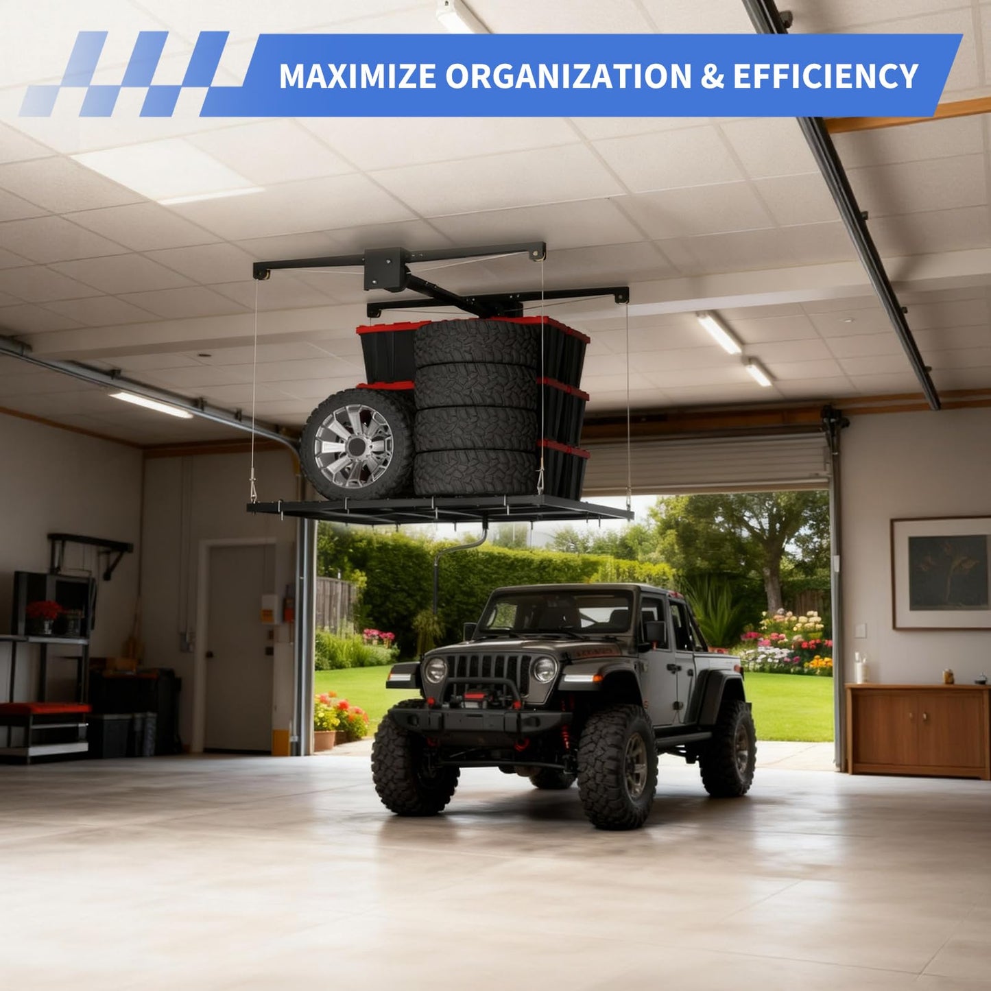 Overhead Garage Lifting Storage Rack, Maximize Your Garage Storage with Our 4x4 Ft Heavy-Duty Ceiling Storage Rack System, Supports 350 lbs, Adjustable & Easy to Install (Black 4x4 ft)