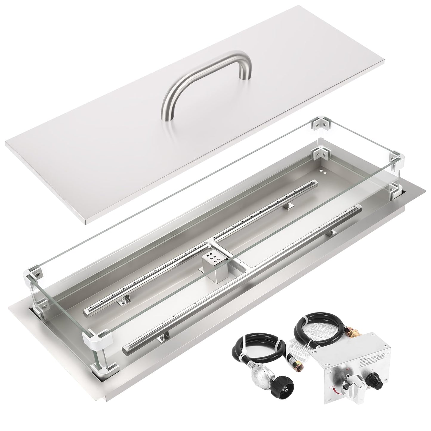 GRISUN Upgraded 30" x 10" Drop-in Fire Pit Kit with Glass Wind Guard & Lid, Linear Fire Pit Burner Pan, Stainless Steel Fire Pit Insert with Spark Ignition