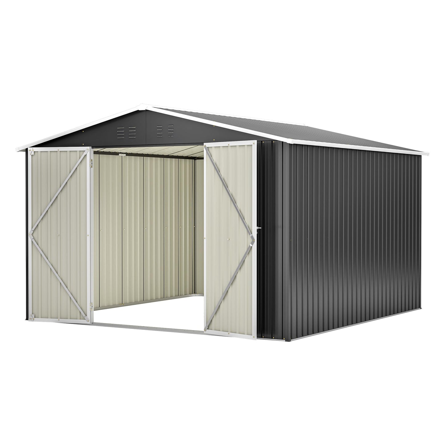 10'x10' Galvanized Steel Outdoor Storage Shed with Lockable Sliding Double French Doors & Top Air Vents, Large Heavy-Duty Garden Tool Shed, Black