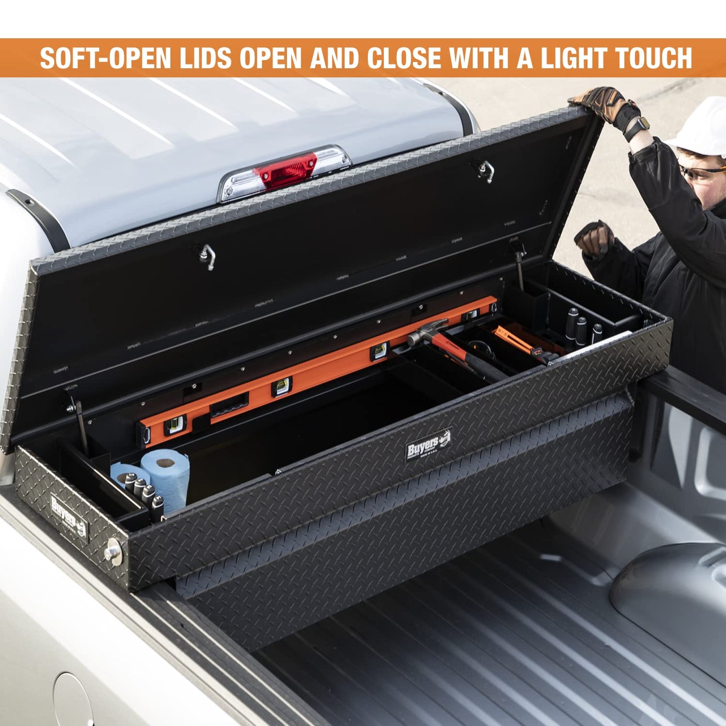 Buyers Products Crossover Truck Tool Box, Heavy Duty Saddle Cargo Bed Organizer for Equipment Accessories Storage, Metal Diamond Tread Aluminum, Deep, 71x20x23, Matte Black, 1739415