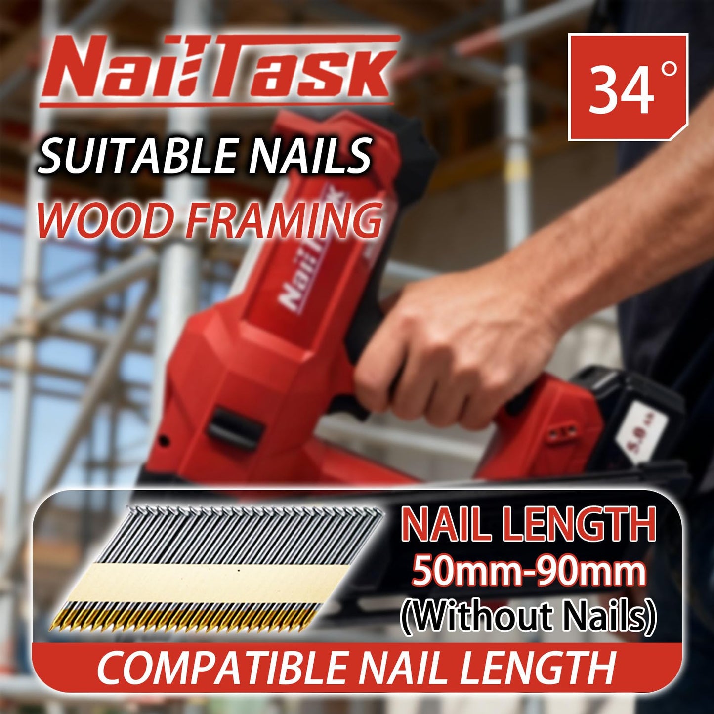 Nailtask 34° Electric Cordless Framing Nail Gun Dual Mode 3 1/2 Inch Pin Nailer Cordless Metal Roofing Set for Construction Furniture Wood Depth Adjust Brushless Motor Power Tools (Without Battery)