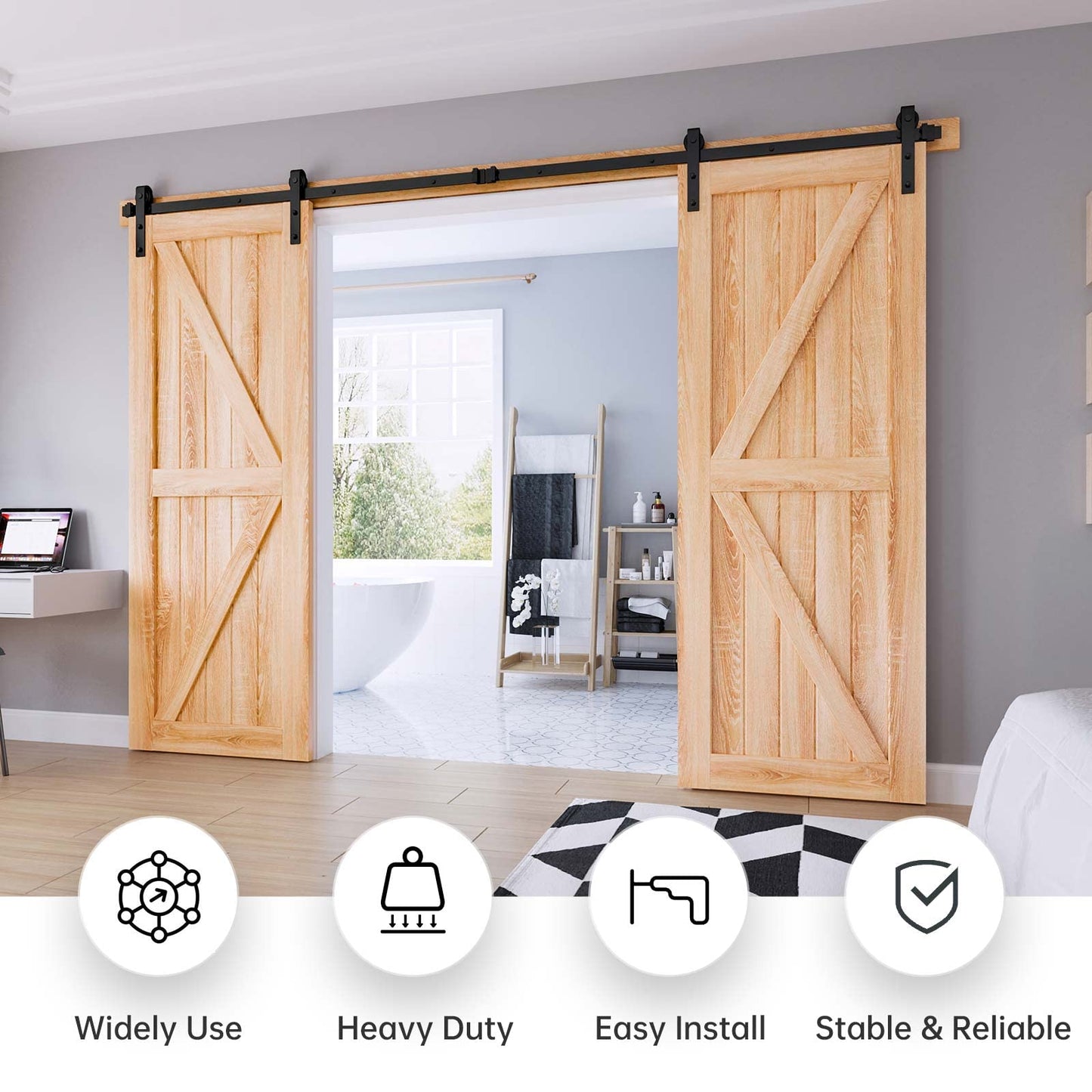 EaseLife 10 FT Double Door Sliding Barn Door Hardware Track Kit,Basic J Pulley,Heavy Duty,Slide Smoothly Quietly,Easy Install (10FT Track Kit for Double 30" Wide Door)