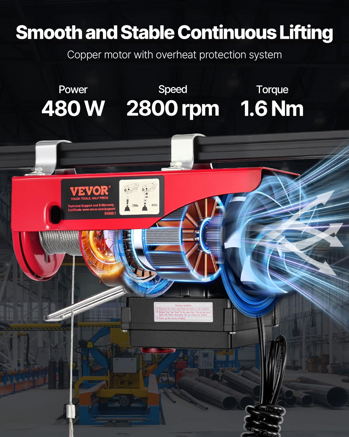 VEVOR Electric Hoist with Wireless Remote Control, 110v 440lbs Electric Hoist with Remote Control, 40ft/20ft Lifting Height Motor, for Garage Warehouse Factory