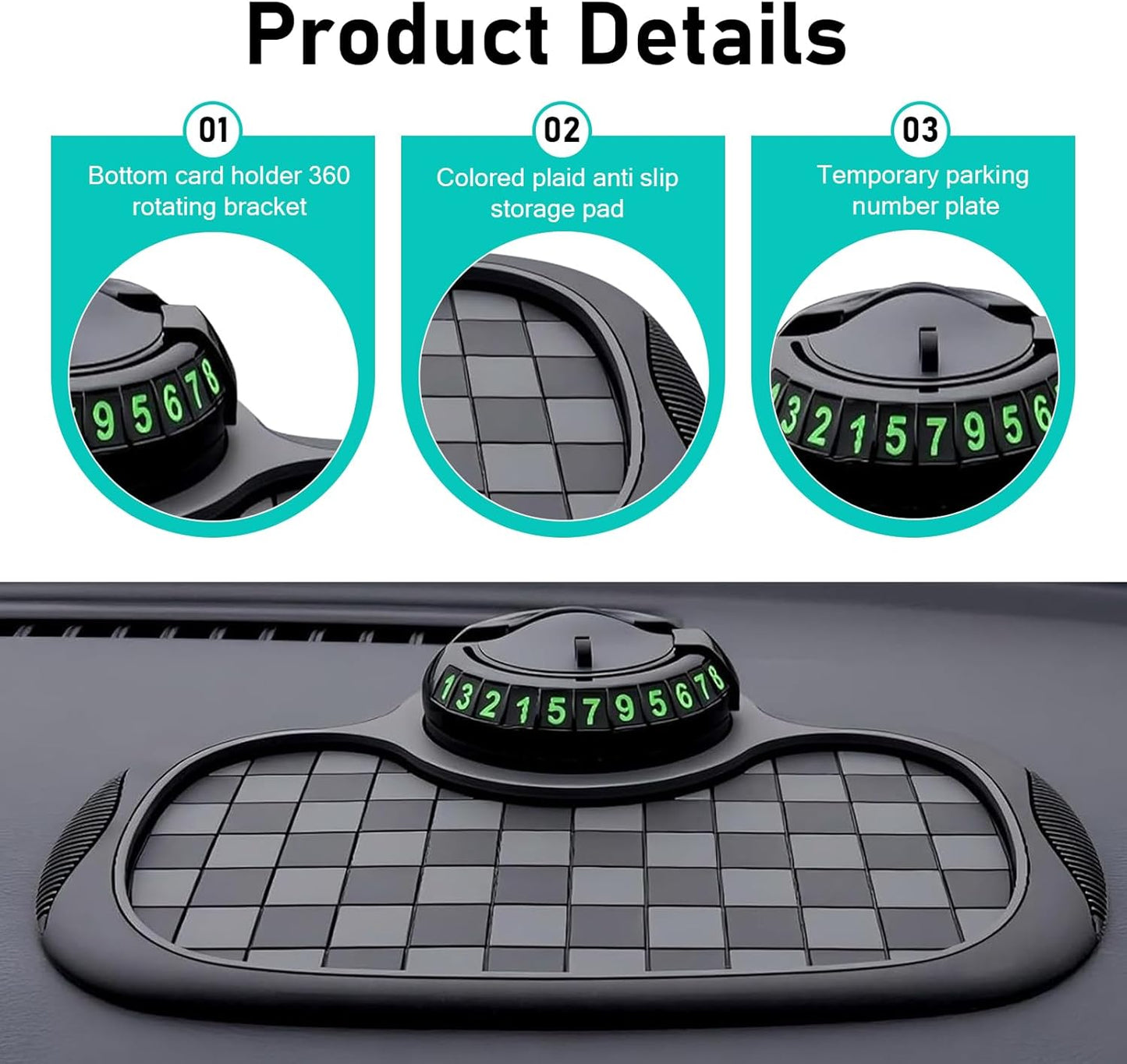 Culycey Car Dashboard Mat, Anti-slip Mat with Parking Number Sign and Rotatable Phone Holder, Multifunction Dashboard