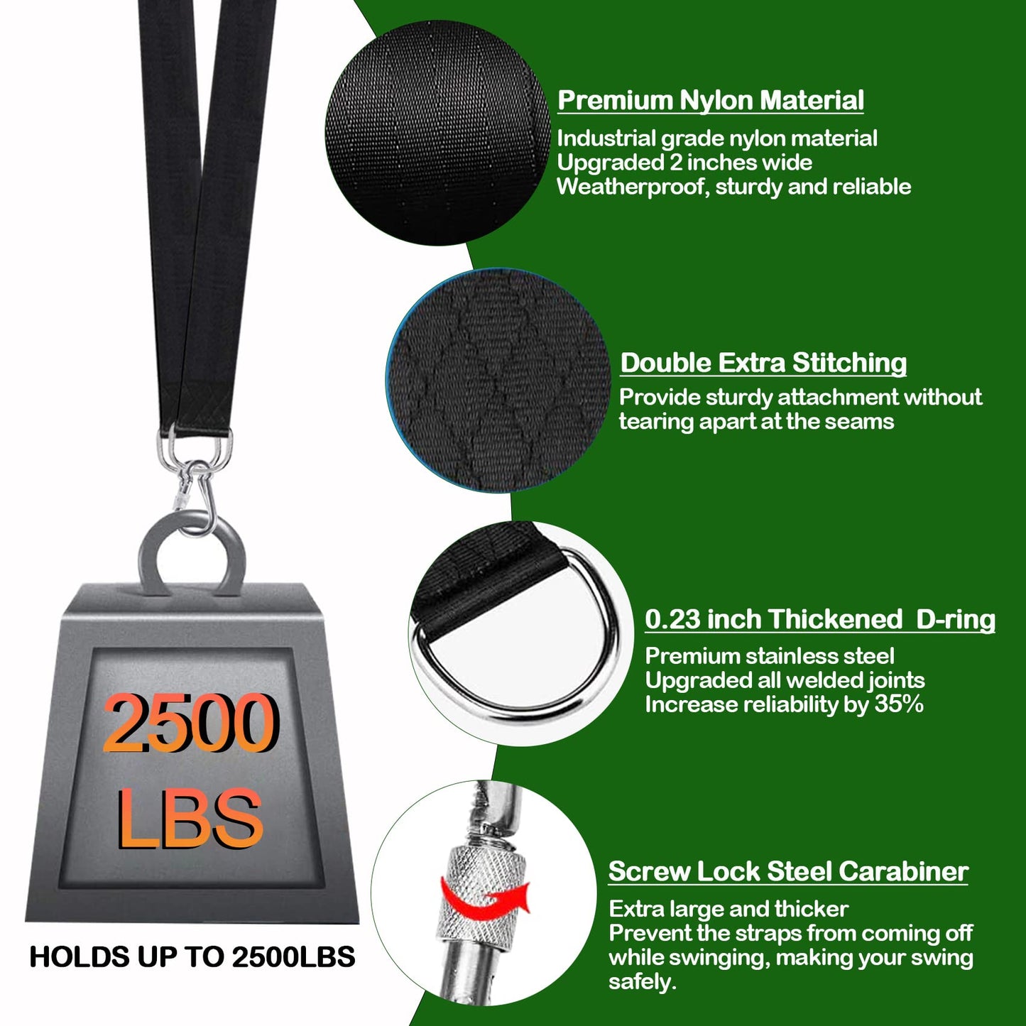 Werfeito Tree Swing Straps Hanging Kit (Set of 2), 3FT/8FT/10FT/20FT/30FT Tree Swing Straps Holds 2500 lbs with Tree Protector, Safety Lock Carabiner and Swivel Perfect for Swings & Hammocks(3 FT)
