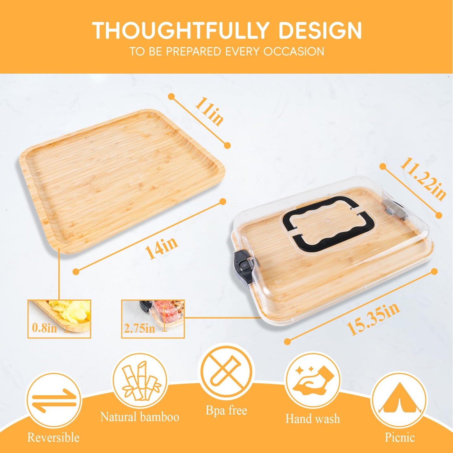 Charcuterie Board with Clear Locking Lid, Travel Portable Cheese Board Set, Bamboo Cutting Boards for Kitchen, House Warming Gifts New Home, Gifts for Women (Black - 6 Compartments)
