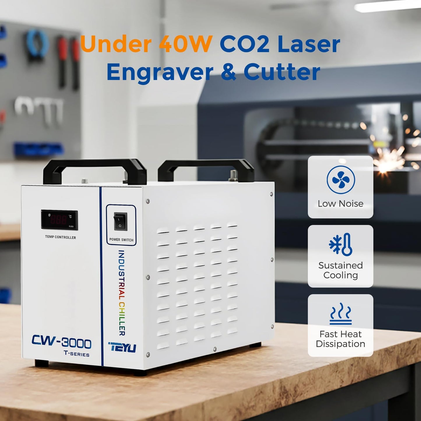 Cloudray Water Chiller CW-3000 for CO2 Laser Engraver & Cutting, Laser Chiller, Industrial Water Cooler,with 9L Water Tank Capacity Max. Pump Flow 10L/min 50W/℃ Cooling