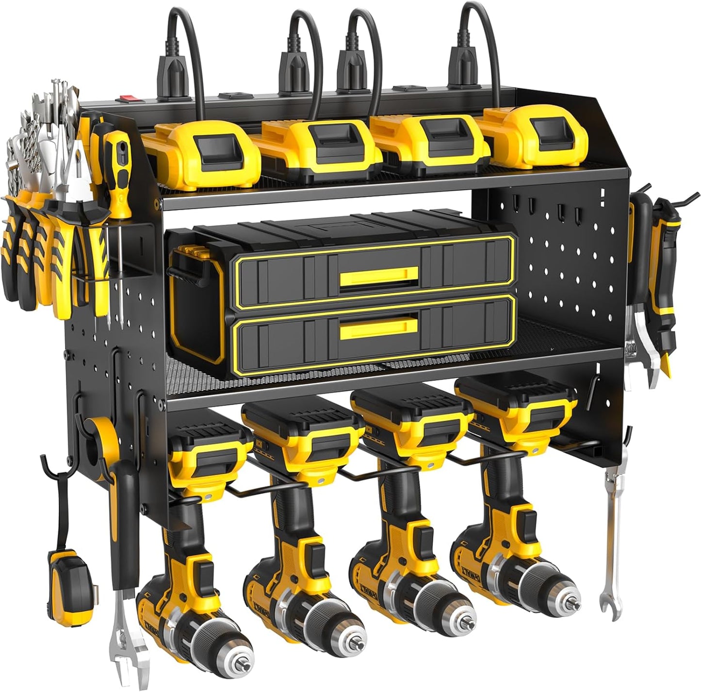 ZESEN Power Tool Organizer - 3-Layer Wall Mount Charging Station with 6 Outlets & Drill Holders - Black