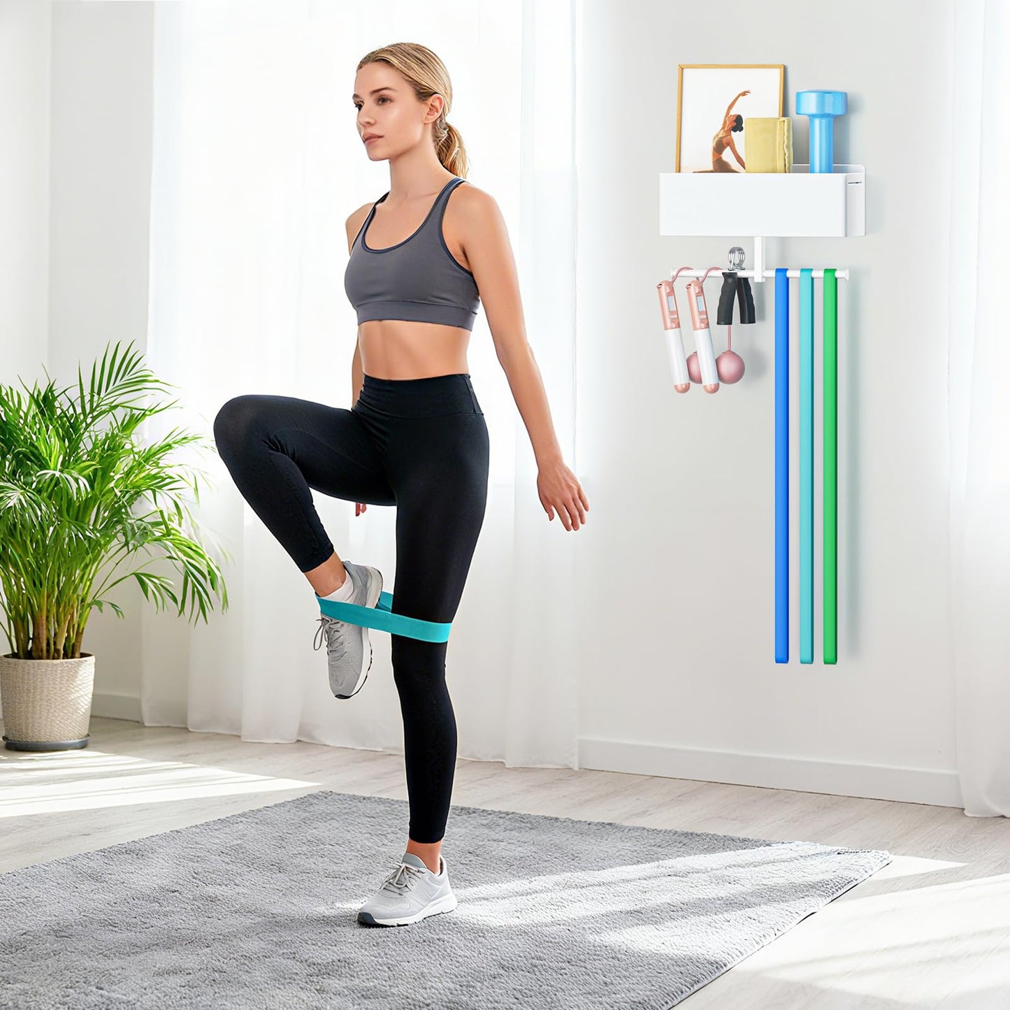 Home Gym Wall Storage, White Resistance Bands Rack Hanger Metal, Wall Mounted Fitness Bands Holder, Multi-Purpose Heavy Duty Workout Gym Storage Rack for Resistance Bands, Straps, Jump Ropes (White)