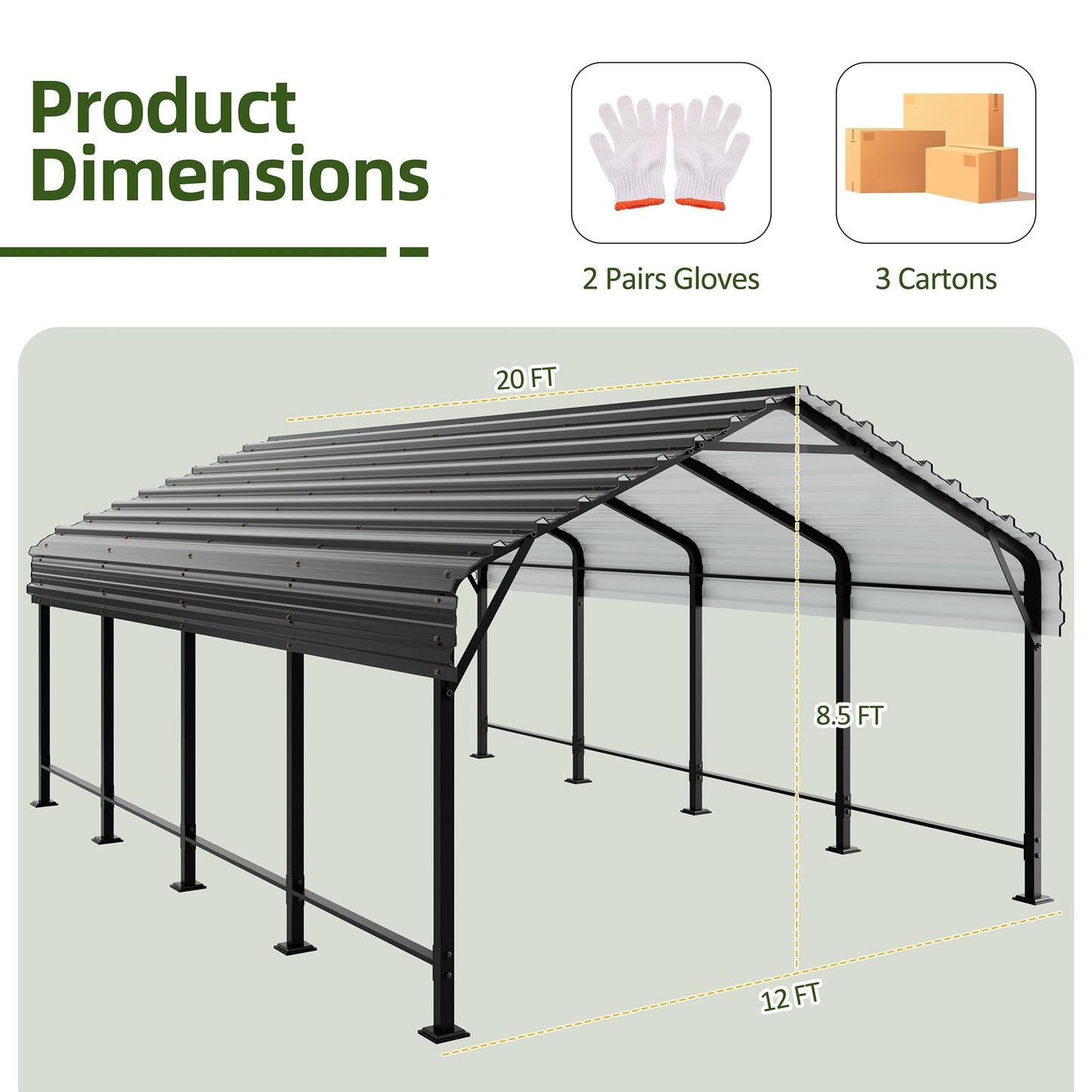 Shintenchi 12x20 FT Metal Carport, Oversized Carport Garage with Enhanced Base, Outdoor Galvanized Car Shelter, Heavy Duty Carports Canopy, for Car, Boats and Tractors, Grey