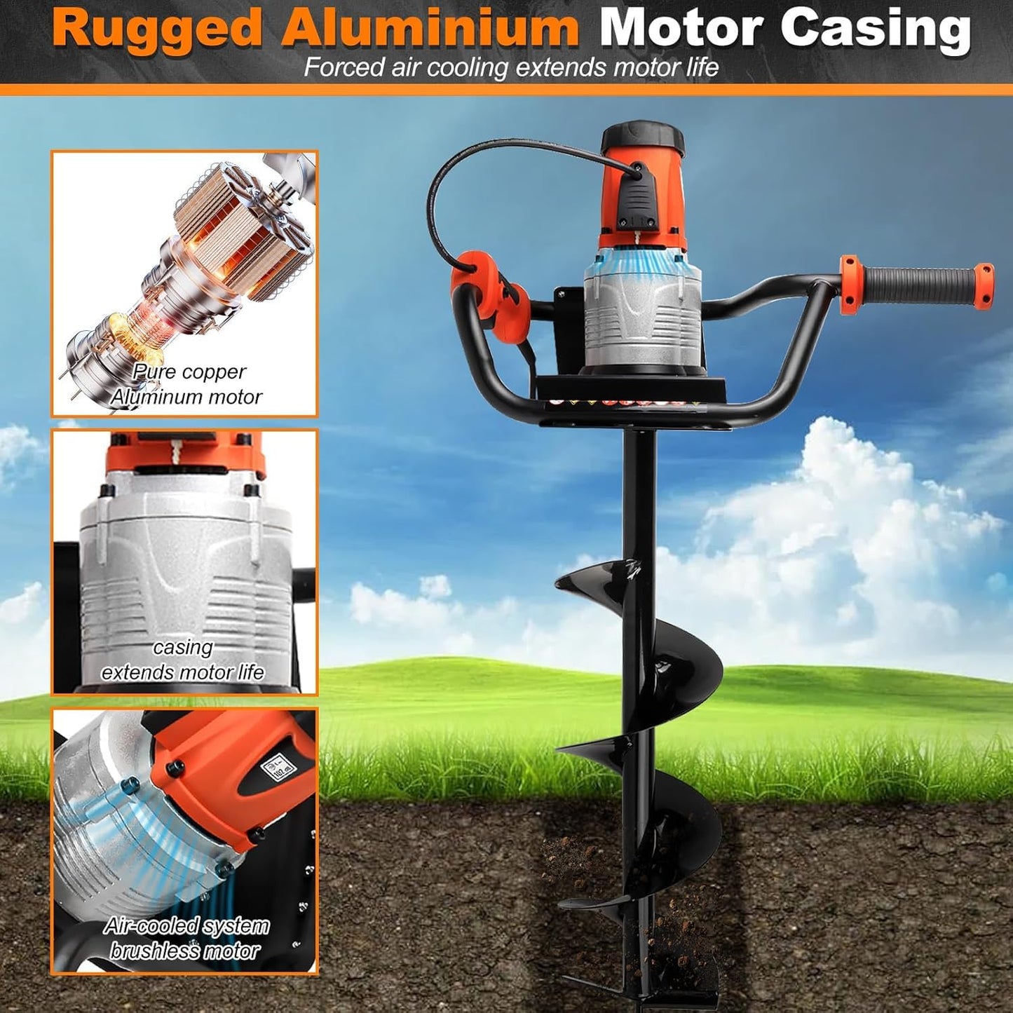 NEO-TEC 1700W Electric Earth Auger, Post Hole Digger with 4"/6"/8" Drill Bits & Extension Rod, High-Torque Power Drill for Planting, Fencing, Garden Lawn