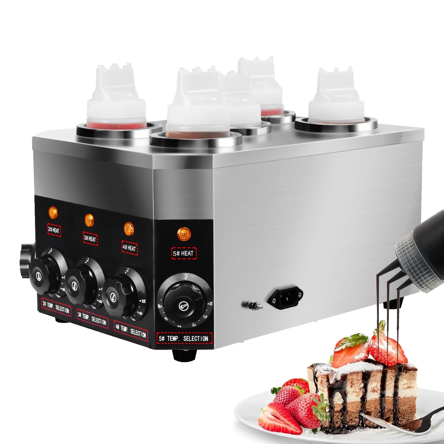 KOOTEN Electric Sauce Warmer Dispenser Commercial Nacho Cheese Warmer 0.68 x 5 Qt Hot Chocolate Warmer Heater, 86-185℉ (22 OZ) Hot Fudge Warmer with Bottle*5