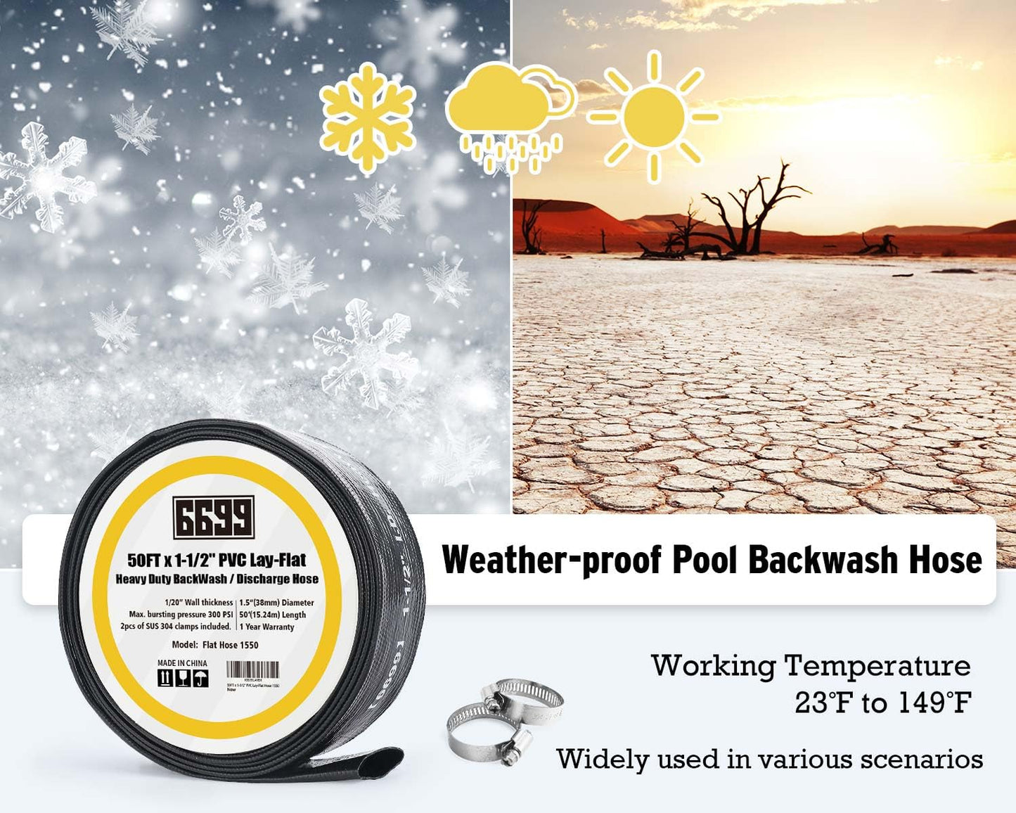 6699 Sump Pump Submersible and 1-1/2” ID x 50FT Pool Hose Kit for Flooded House Sump Pit Pond Remove Water