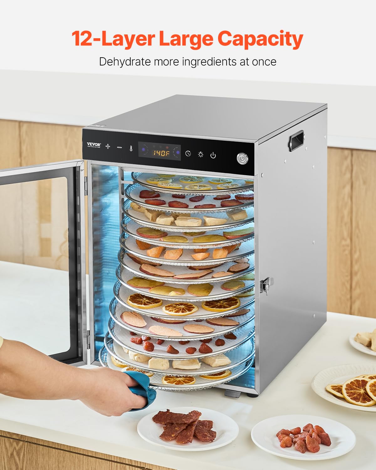 VEVOR Food Dehydrator Machine, Rotary 12 Stainless Steel Trays, 800W Electric Food Dryer with Adjustable Temp & 24-Hour Timer, Food-Dehydrator for Jerky, Meat, Fruit, Vegetables, Herbs, Dog Treats
