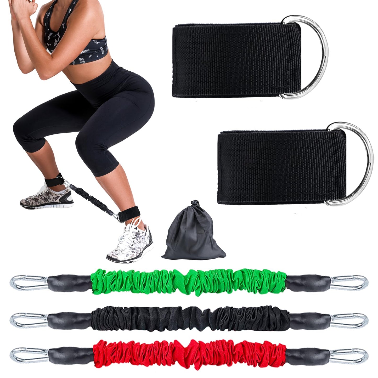 Vertical Jump Trainer Leg Strength Ankle Resistance Bands with Cuffs Workout Equipment for Fitness Basketball Volleyball Tennis Jumping Strength Training Equipment (Red+Green+Black)