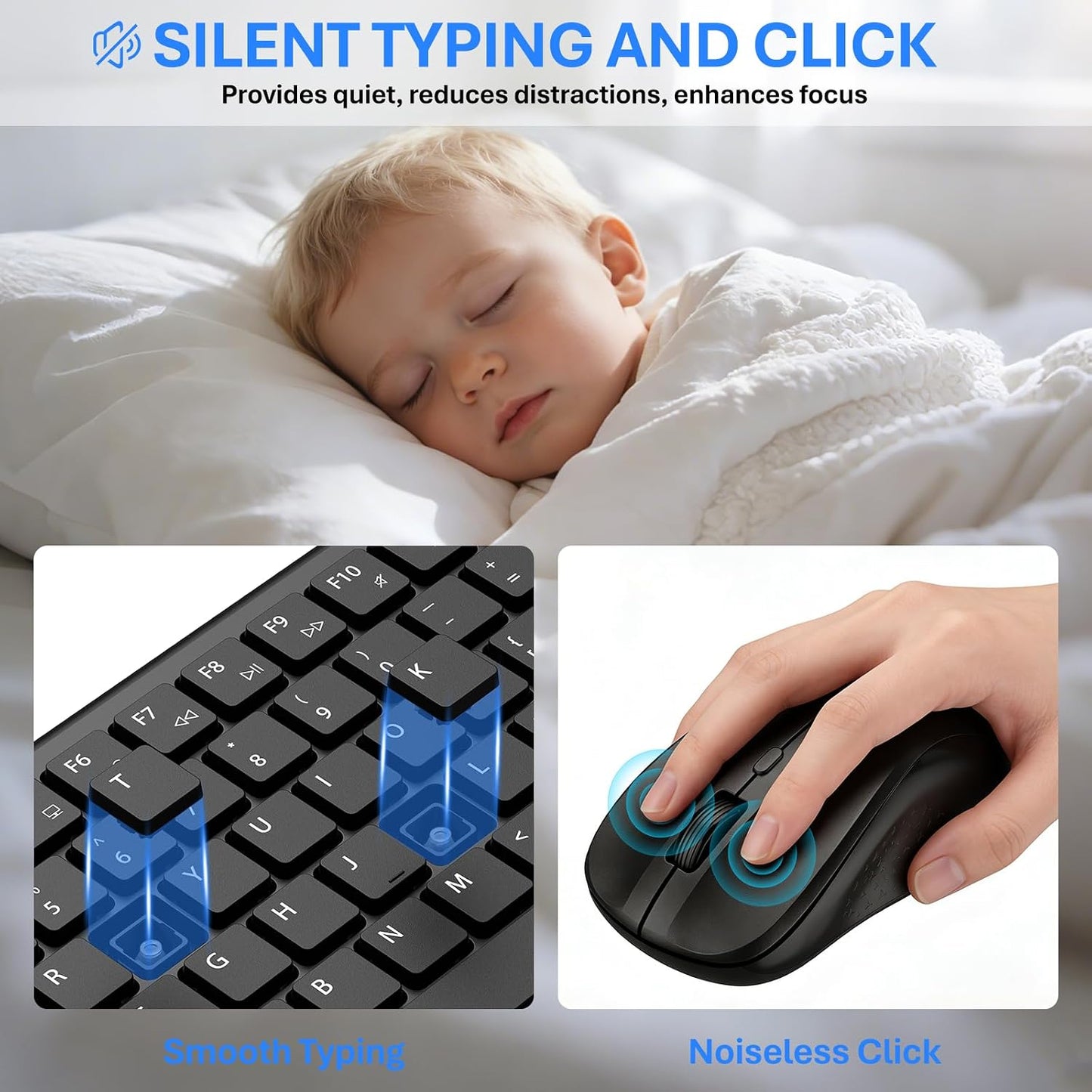 EAYBLLY 2.4G Set Wireless Keyboard and Mouse Combo, Full-Size Silent Ergonomic Keyboard and Mouse, Sleep Mode, Long