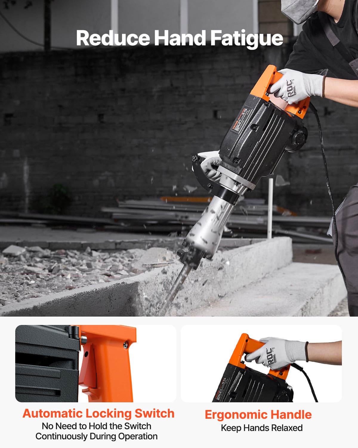 VEVOR Demolition Jack Hammer, 2200W Electric Jack Hammer Concrete Breaker, 1350 BPM Heavy Duty - 4pcs Chisels Bit with Case, Black