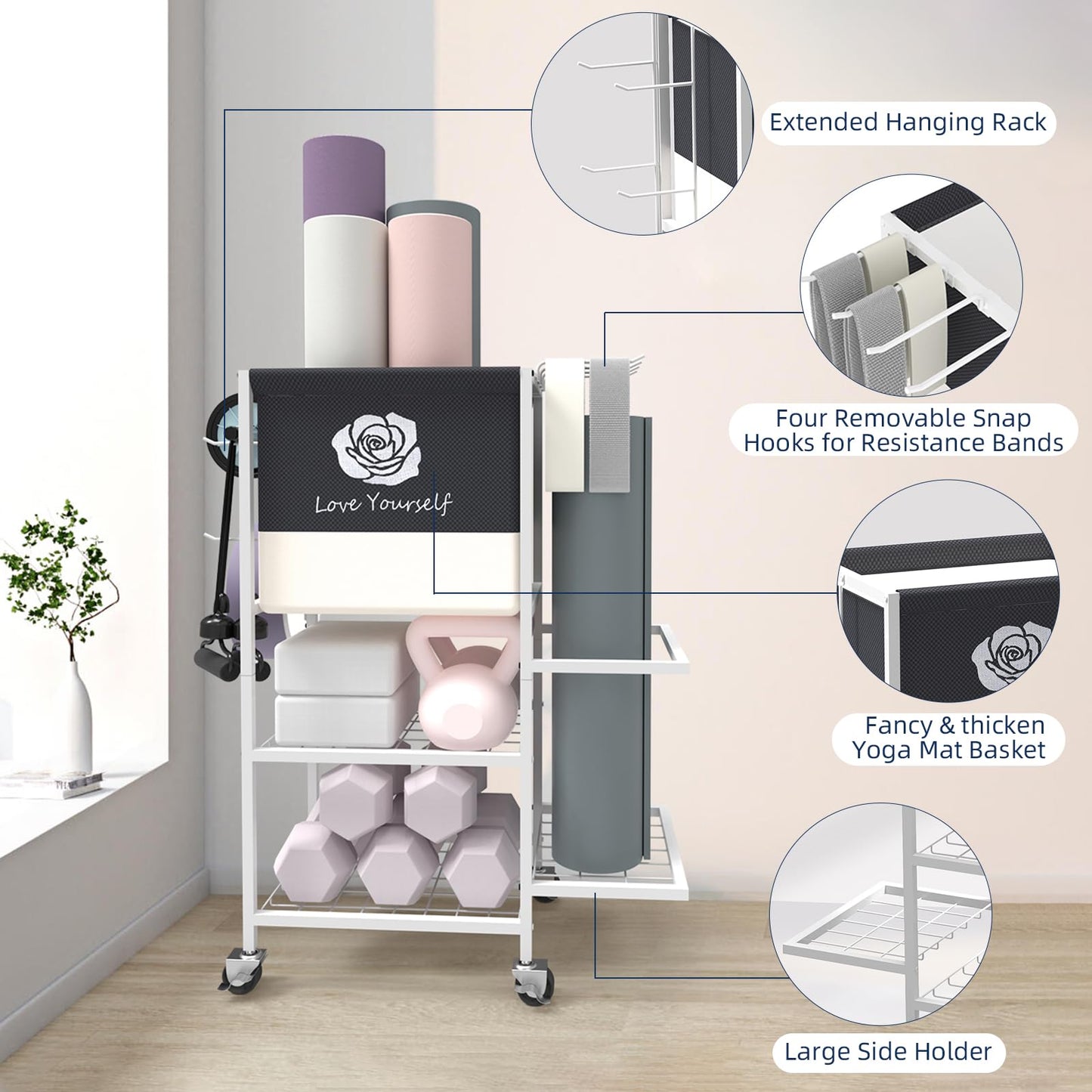 Yoga Mat Storage Rack，Home Gym Storage Rack Gym Workout Equipment Storage Organizer on Wheels for Yoga Mat,Yoga Block,Foam Roller,Resistance Band,Dumbbell,Kettlebell (White)