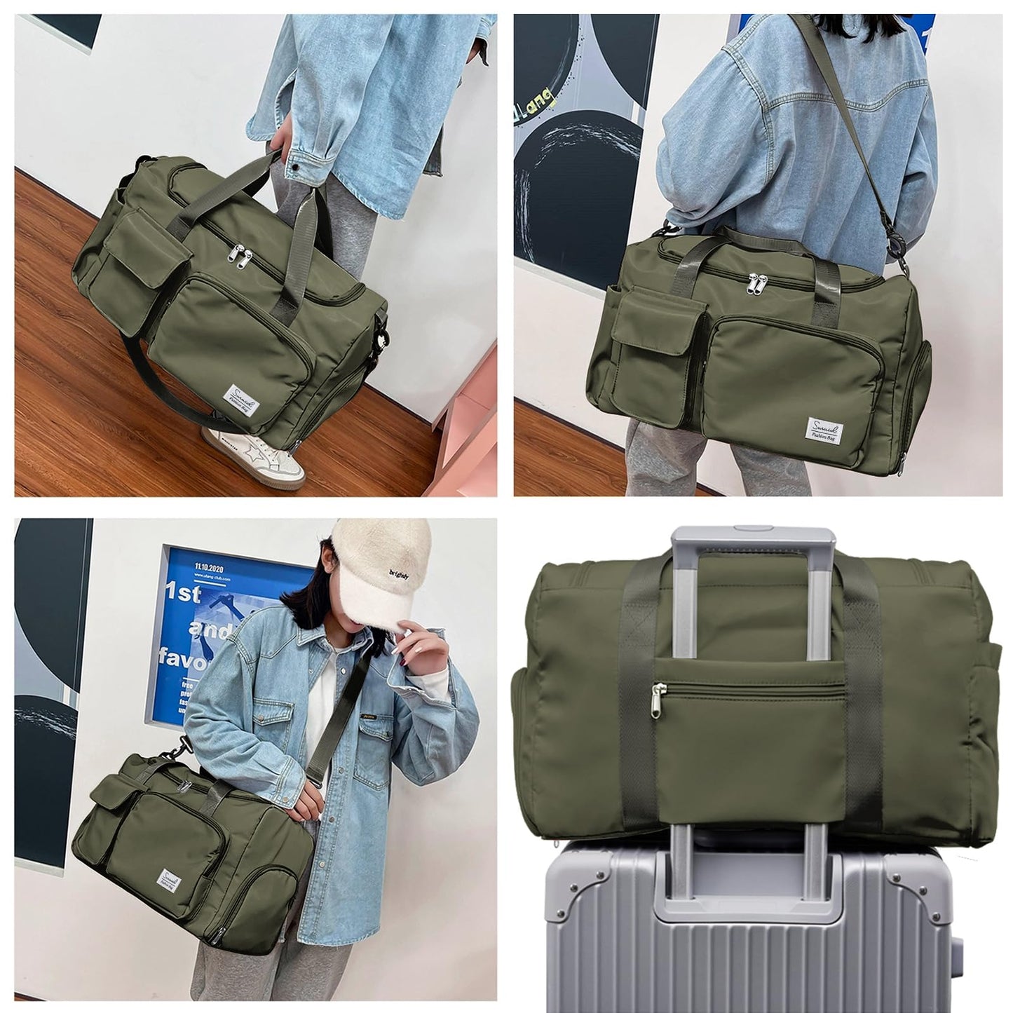 Suruid Travel Duffel Bag with Shoes Compartment Sports Gym Bag with Dry Wet Separated Pocket for Men and Women, Overnight Bag Weekender Bag Training Handbag Yoga Bag - Olive Green