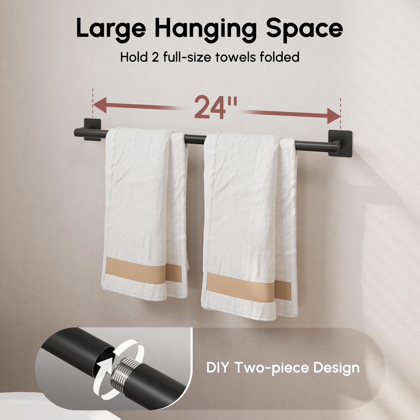 USHOWER Matte Black Towel Bar, 24 Inch Towel Racks for Bathroom Wall Mounted, Heavy Duty Stainless Steel Towel Holder, Easy Installation (Total Length 26 Inch)