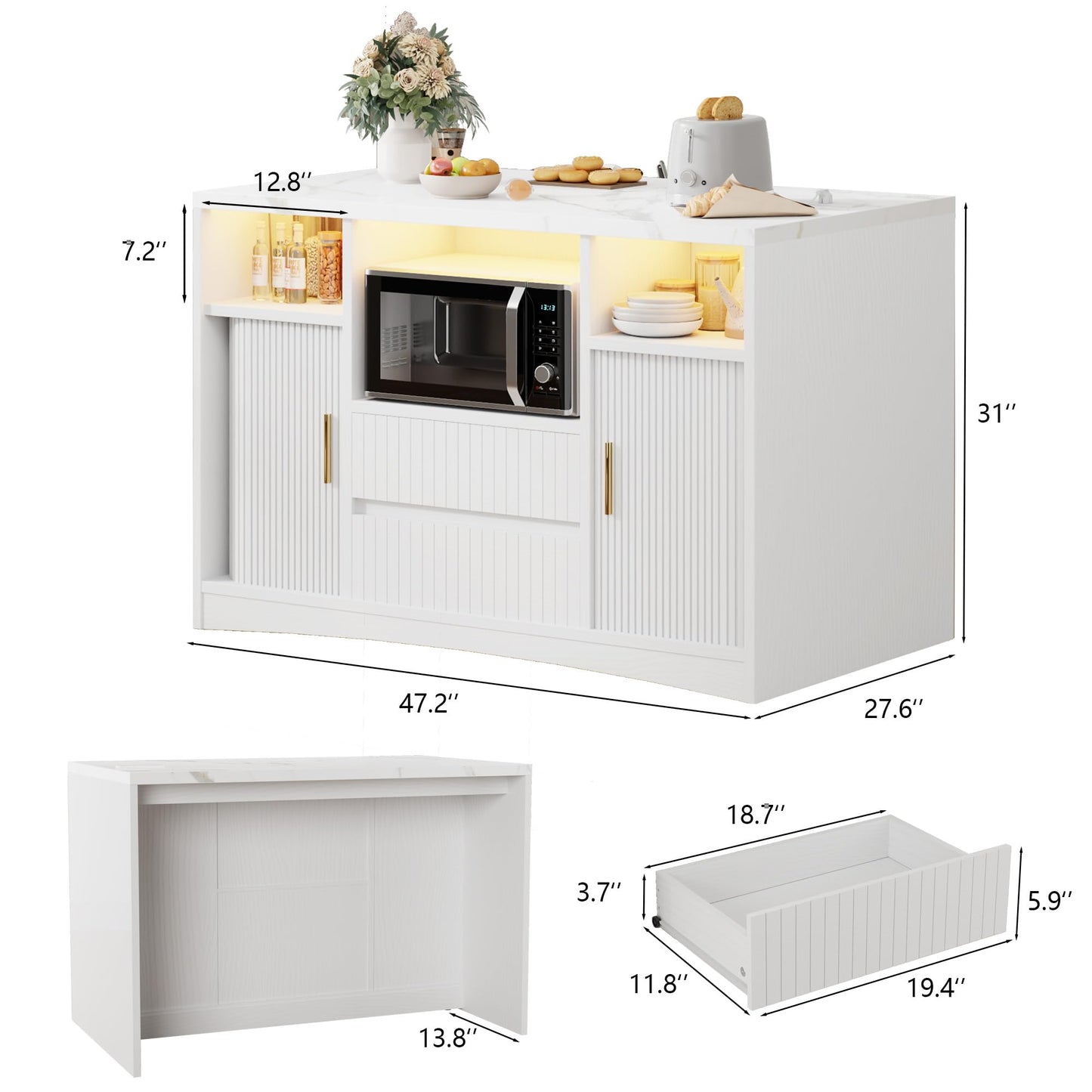 Homiflex Kitchen Island with Storage, Island Table for Kitchen with Power Outlet & LED Light, Rolling Buffet Cabinet with Fluted Sliding Door, 2 Drawers, Large Countertop, White