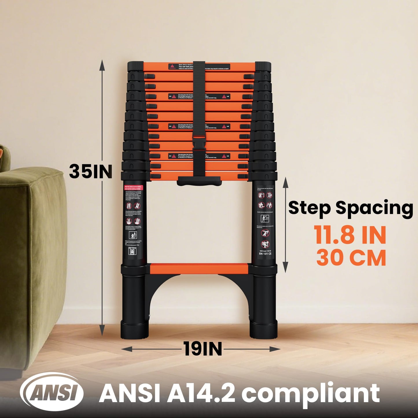 SINMEIRUN Telescoping Ladder, 12.5 FT, Aluminum Extension Ladder, 330 lbs Capacity, Collapsible Multi-Purpose Ladder for Home, Roof and RV; Orange