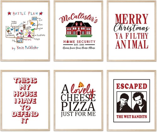 Home Alone Christmas Decorations - Set of 6 Funny Holiday Posters | Unframed 8x10 Art Prints for Bathroom & Bedroom Decor
