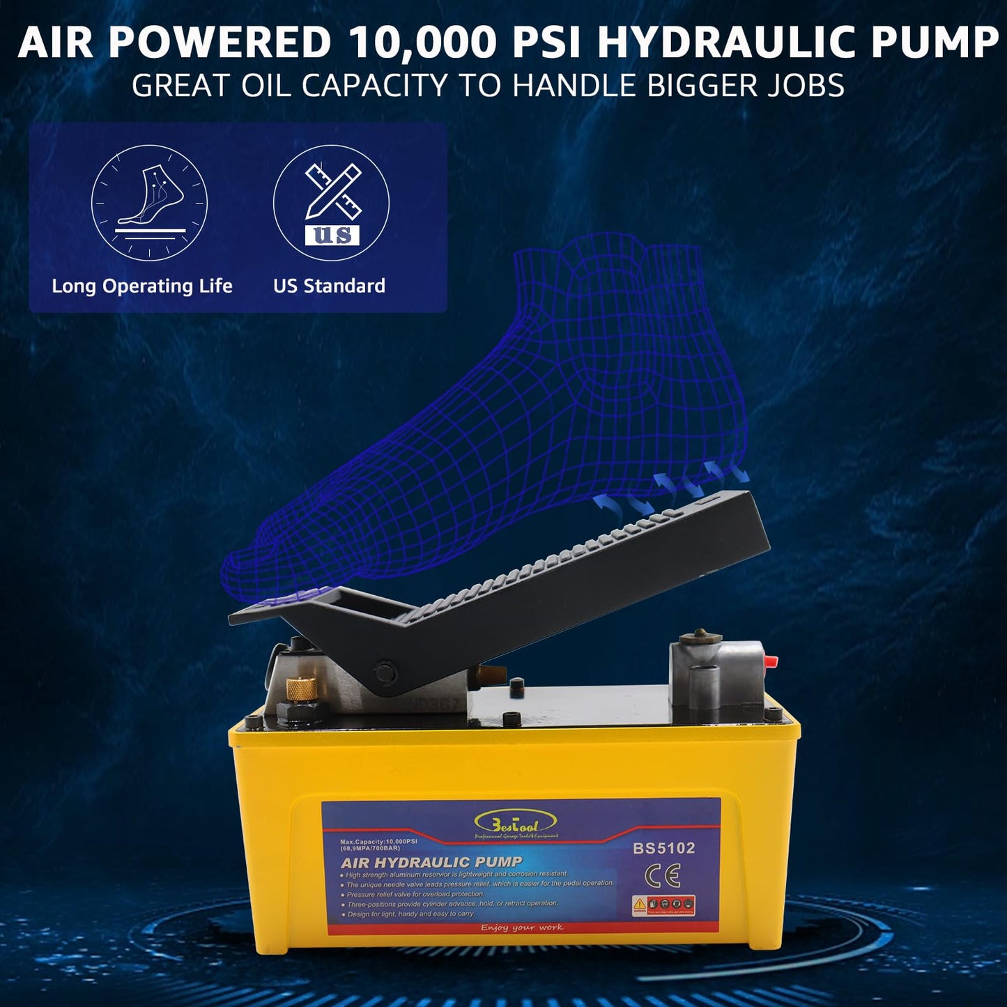 BESTOOL Air Hydraulic Pump, 10,000 PSI 1/2 Gal Reservoir, NPT 3/8" Oil Outlet, 2PCS Quick Connector, Foot Actuated Hydraulic Pump Air Treadle for Auto Body Frame Machines and Pulling Post, Yellow