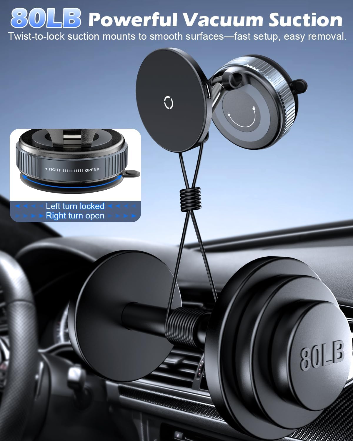 CloudValley 15W 17/16/15/14/13/12, 360 Fast Wireless Charger Car Phone Mount, Vacuum Suction Cup Magnetic Phone Holder