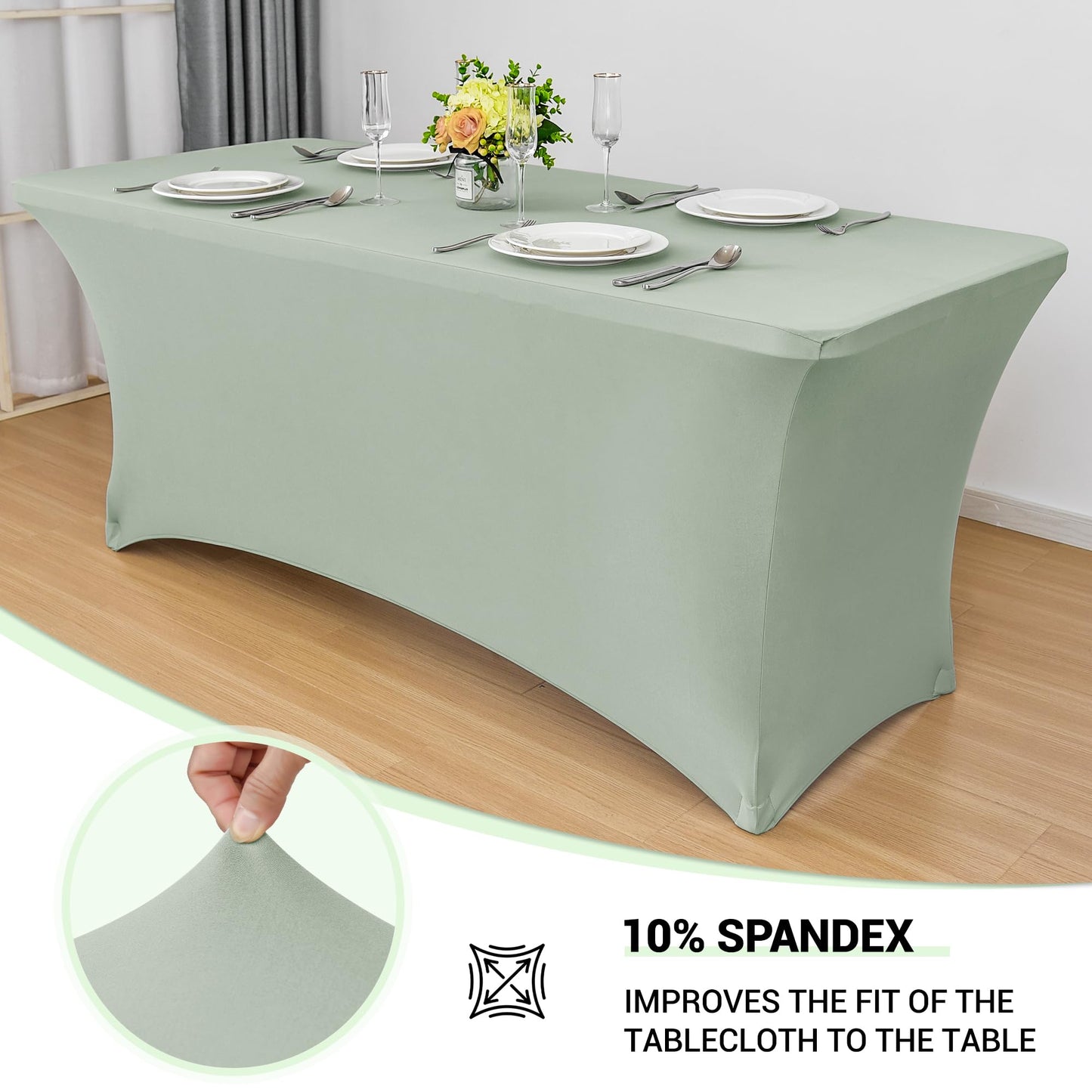 Obstal 2PC Sage Green Tablecloth - 8ft Rectangle Spandex Table Cover for Party, Events, Banquets & Weddings, Machine Washble