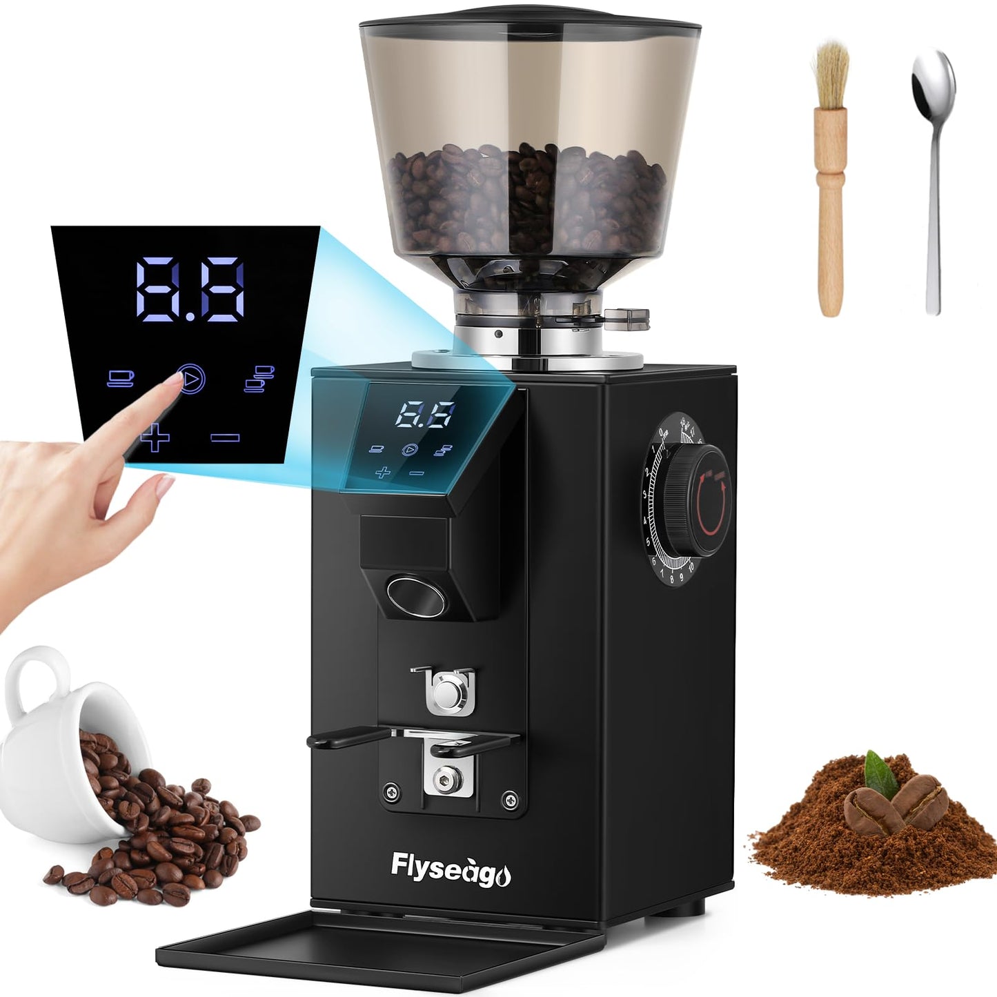 Flyseago Commercial Coffee Grinder Heavy Duty - 18 Precise Settings, 64mm SS Flat Burrs, Touch Control, 35oz Hopper for Business and Home Use, 400w