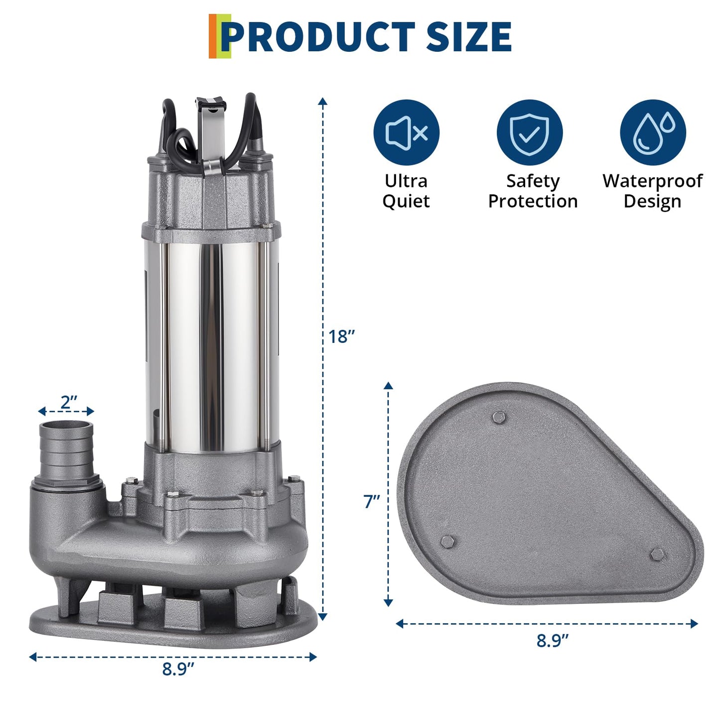 1 HP 5280 GPH Submersible Sewage Pump, Heavy Duty Cast Iron Effluent Pump with Automatic Tethered Float Switch, Sump Pump for Sump Basin, Basement, Residential