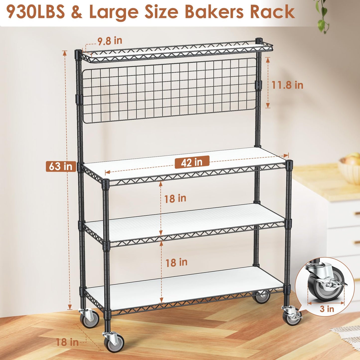 Leteuke Bakers Rack with Storage & Wheels, 42 Inch Microwave Stand Kitchen Shelves, 4-Tier Heavy Duty Storage Rack with 20 S-Hooks, Commercial Metal Utility Kitchen Cart, 42× 18× 63 Inch, Black