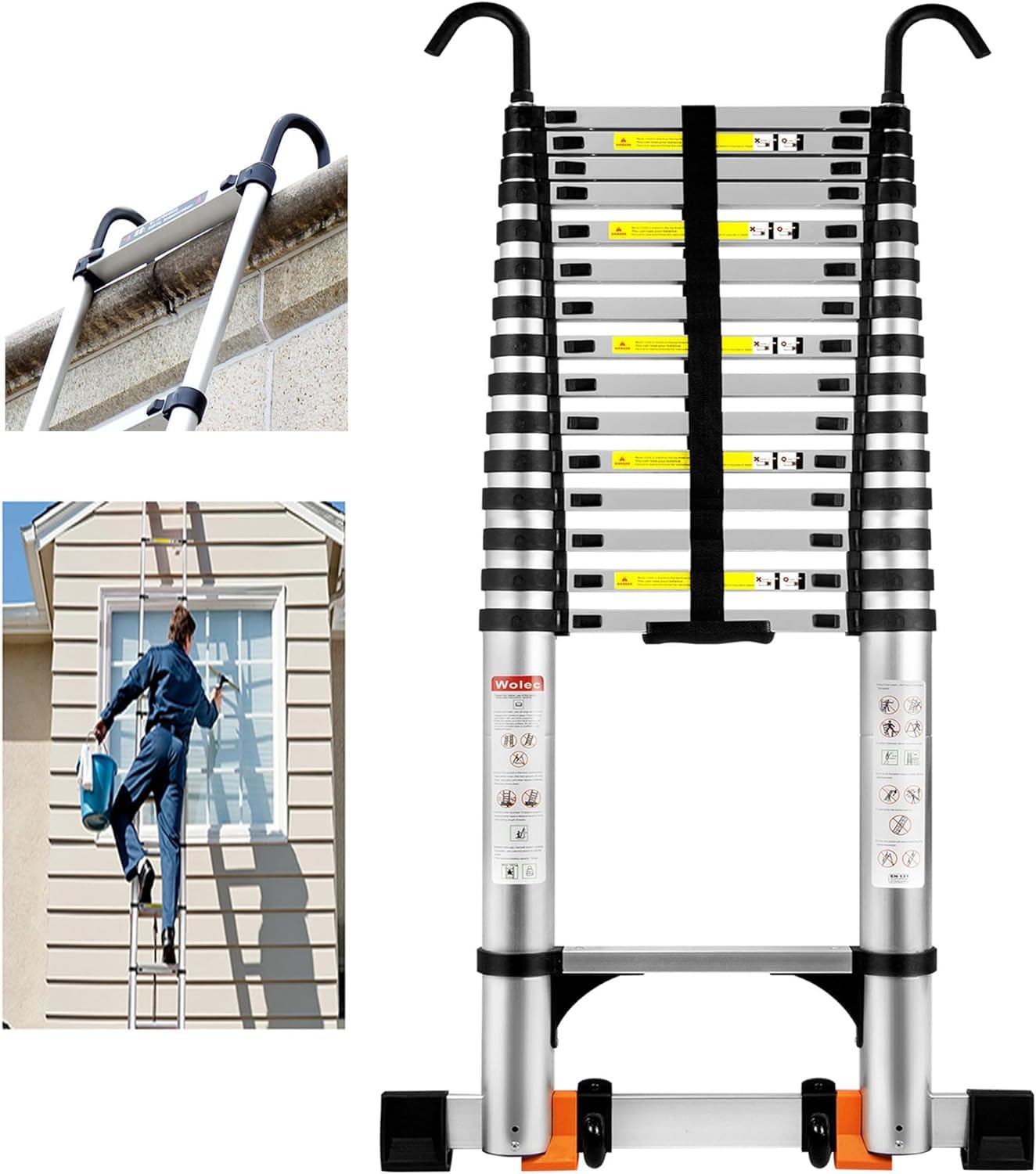 Wolec 19 FT Telescoping Ladder with Hooks, Adjustable Multi-Purpose Collapsible Extension with Stabilizers & Wheels, Heavy Duty 330 lbs Max Capacity, Ideal for Home and Outdoor Work,Silver