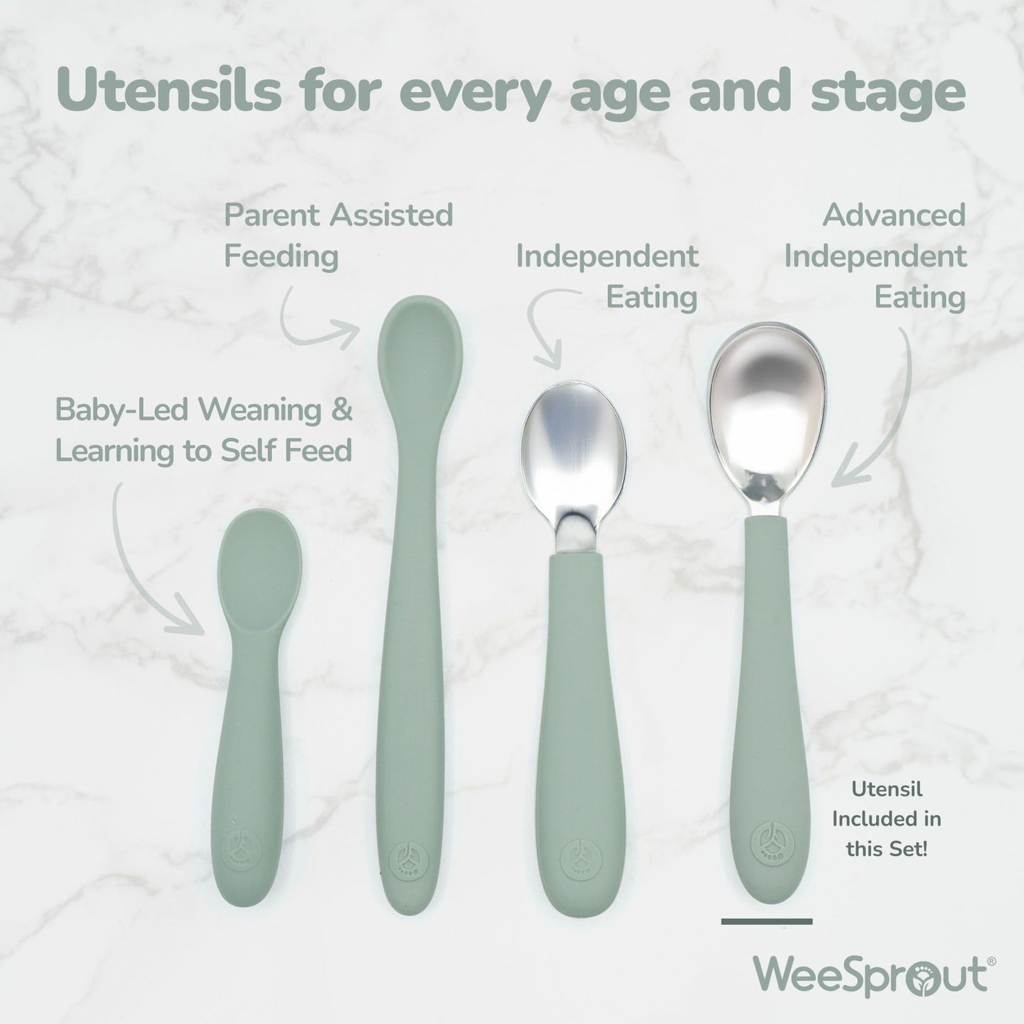 WeeSprout Toddler Utensils, 3 Forks & 3 Spoons, 18/8 Stainless Steel & Food Grade Silicone, Thick Easy-Grip Handles, Perfect Length For New Self Feeders, Gentle On Gums & Teeth, Dishwasher Safe