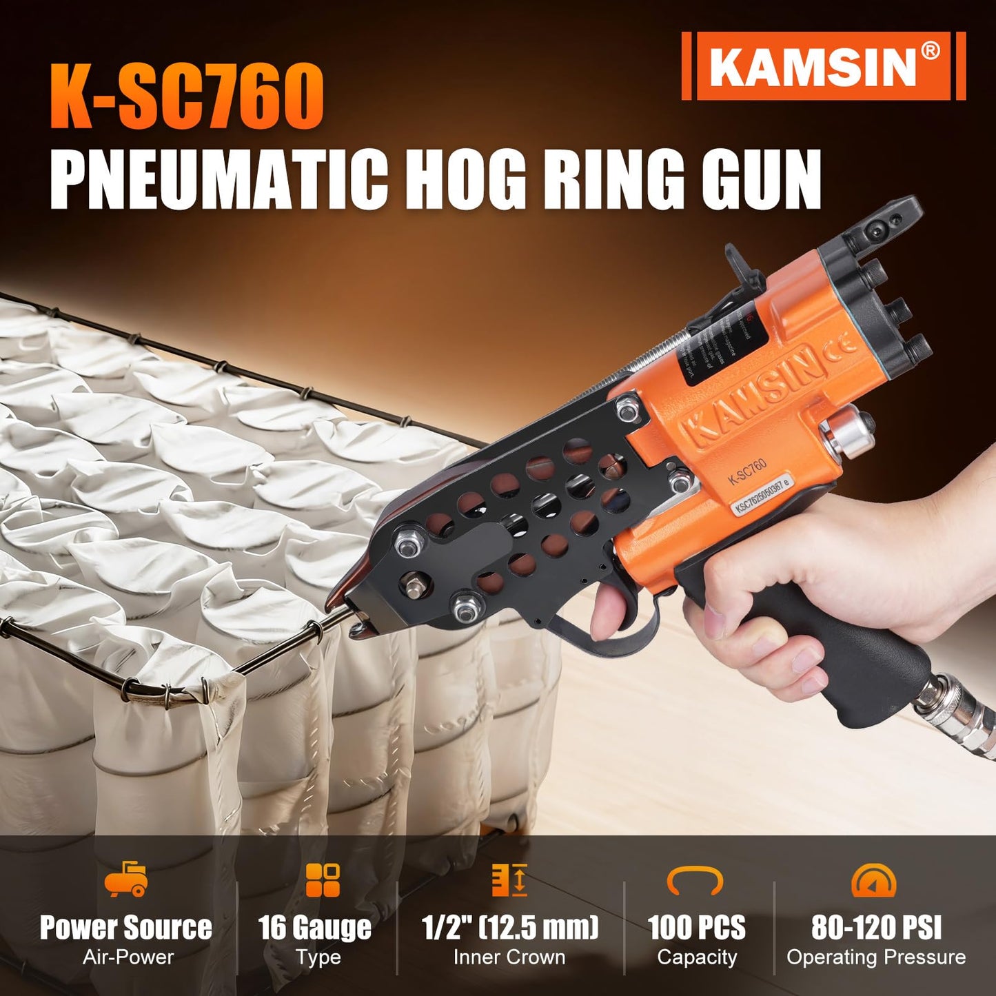 K-SC760 16 Gauge 1/2-Inch Hog Ring Gun, 3.0-4.8mm Closure Diameter Pneumatic Hog Ring Tool, Automatic C Ring Plier, Hog Rings Tool for Fencing, Cages (K-SC760 C Ring Gun)