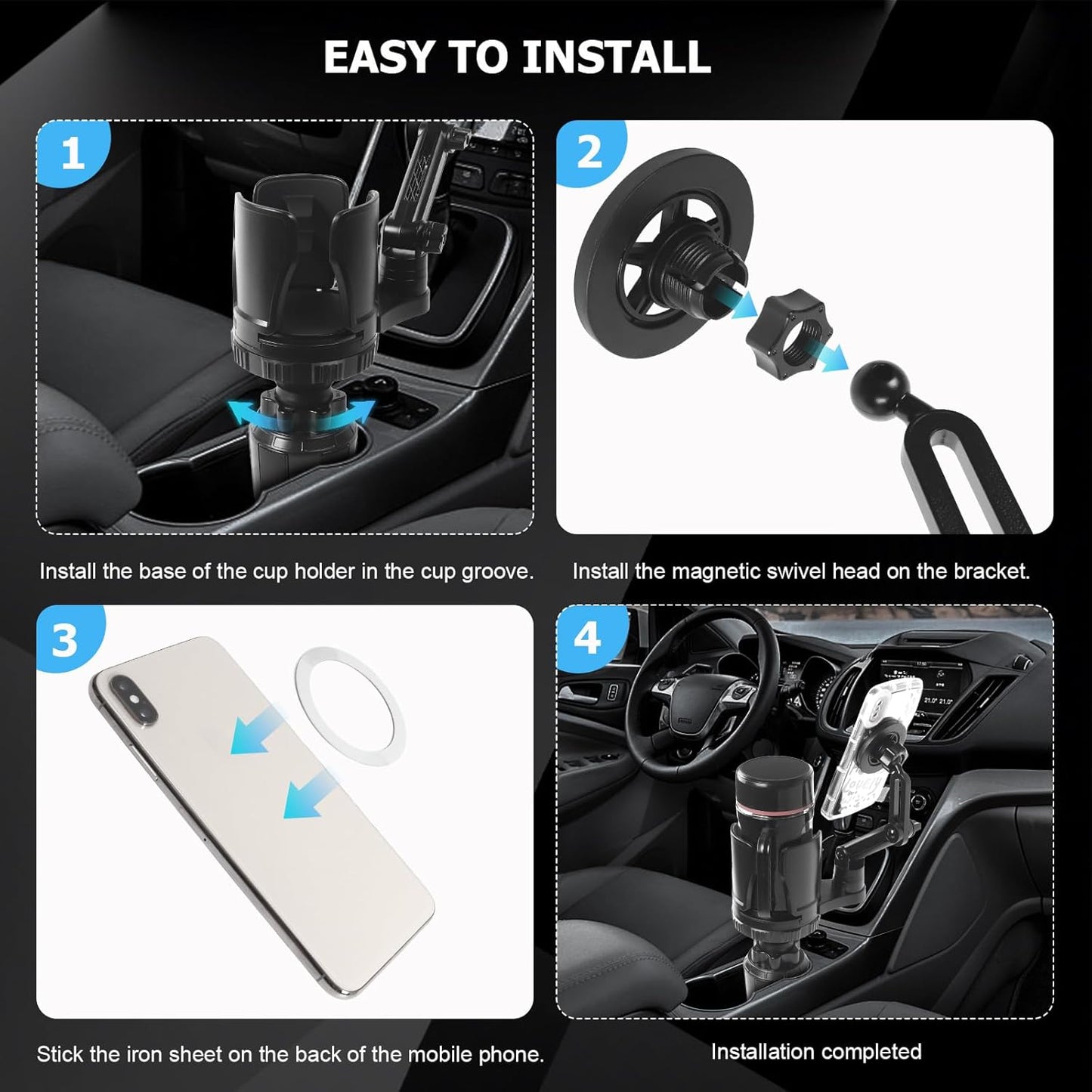 2.68-4.33" 360 N52 Frani Car Cup Holder Expander with Magnetic Phone Mount - Adjustable Insert Fits Holders, Adjustable