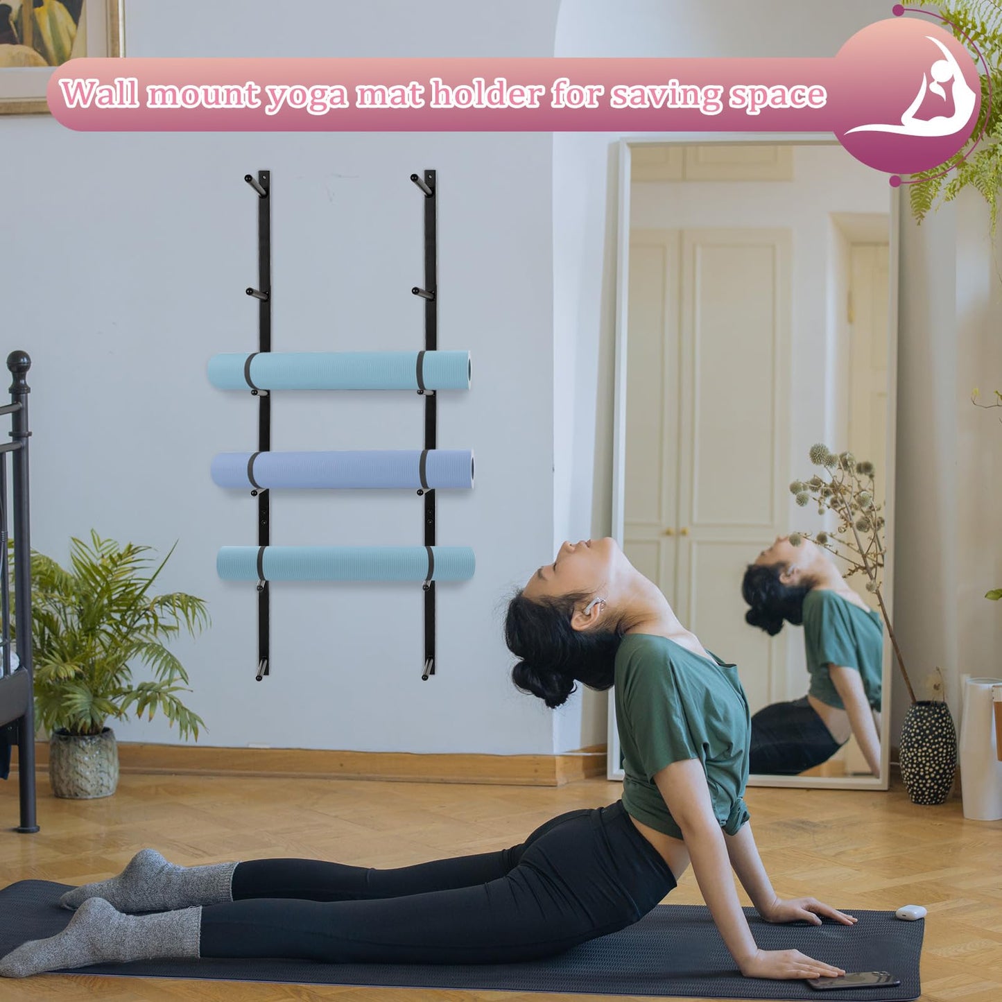 Retyion Yoga Mat Holder Wall Mount Yoga Mat Storage Holder Yoga Mat Organizer Skateboard Wall Mount for Foam Rollers Skateboard Ski Board