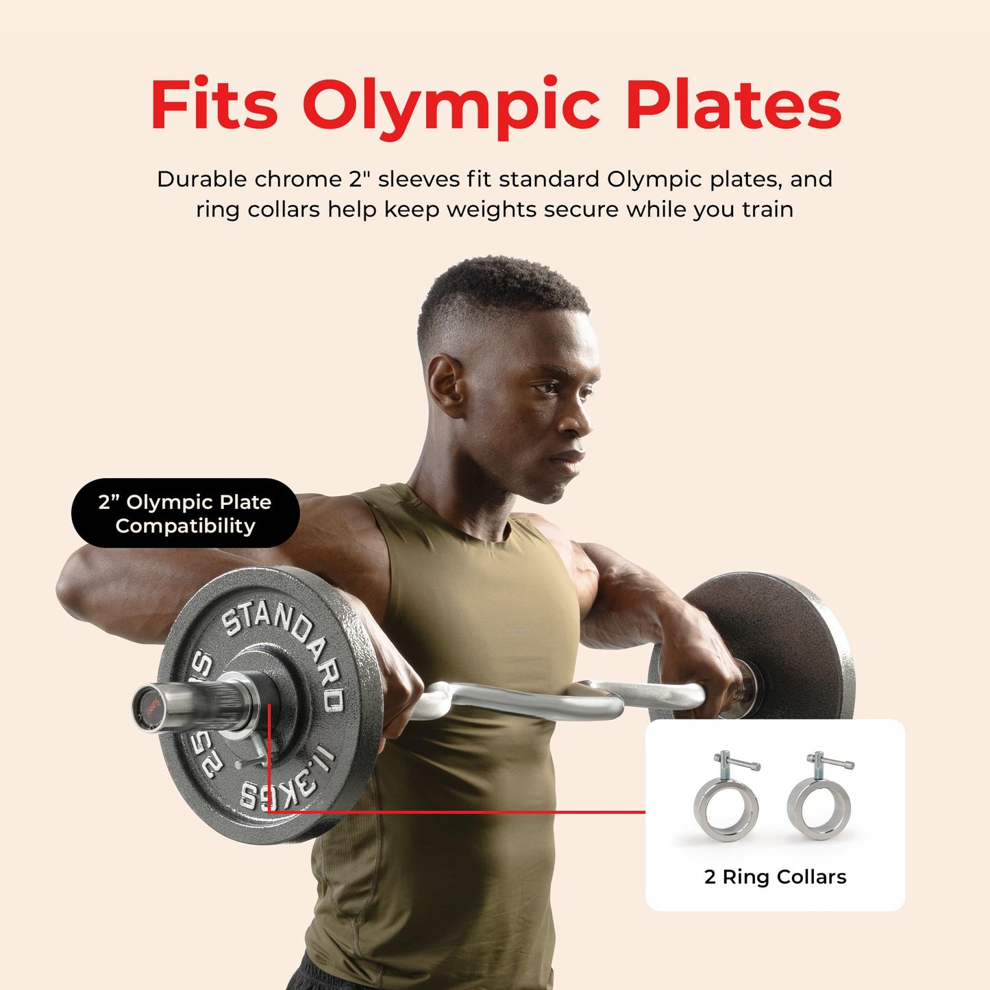 Sunny Health & Fitness Olympic Super Curl Bar for Home Gym, 48" Weight Bar with Angled Grip Design, 2" Olympic Sleeves, Bearing & Bushing Rotation, Chrome Finish, Includes Spin-Lock Collars, 300 lbs Capacity– SF-OB03-48