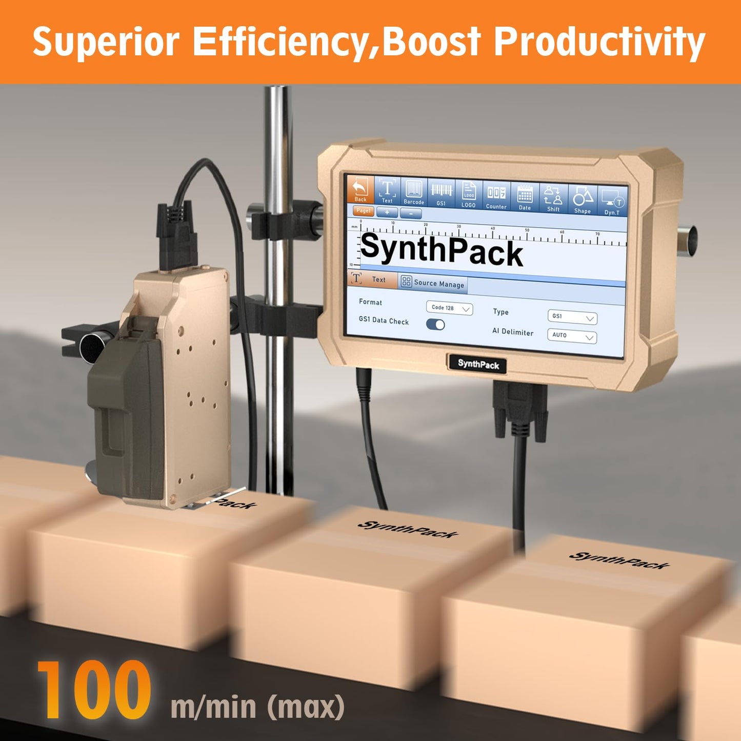 SL1 Automatic Online Inkjet Coding Machine, 100m/min Thermal Inkjet Printer for Production Line, 1200DPI, with Two SY05 0.5inch Ink Cartridges for QR Code Barcode on Carton Plastic Metal(2 Nozzles)