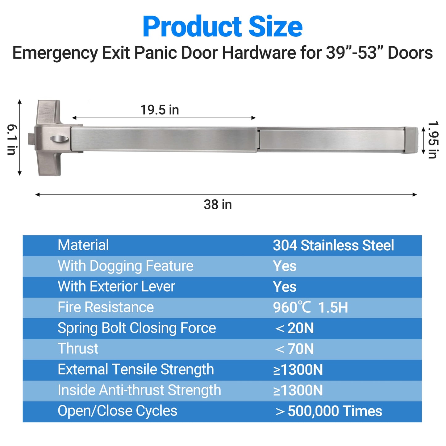 Polar Tangro Commercial Door Push Panic Bar, SS304 Panic Bars with Exterior Lever Handle, 38’’ Exit Device with 3 Keys for Emergency Exit, Suitable for Metal, Wood, and Left/Right Handed Doors