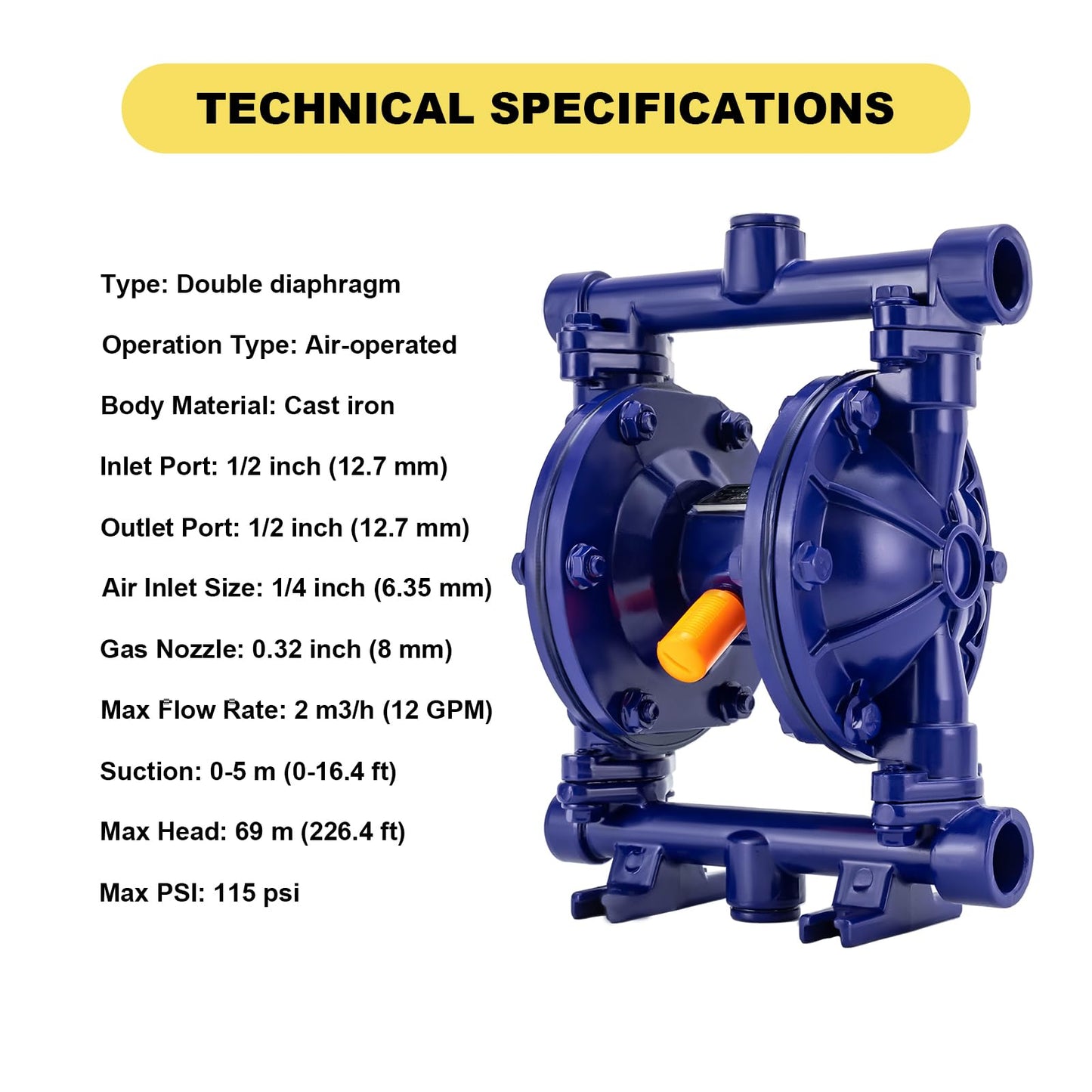 Heavy Duty Air-operated Double Diaphragm Pump Cast iron Double Diaphragm Transfer Pump 12GPM 115PSI 1/2" Inlet/Outlet For Diesel Kerosene Grease Oil