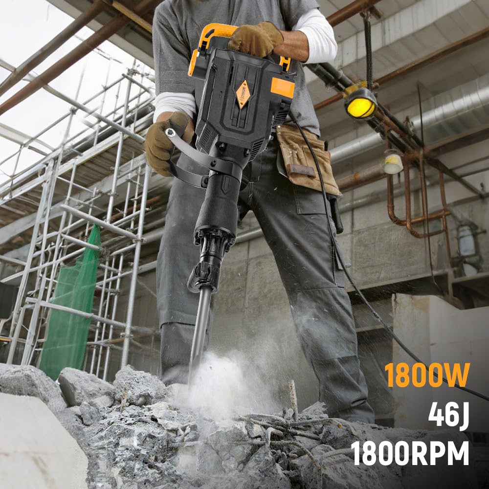 Hoteche 1800W Demolition Electric Jack Hammer 1800 BPM Heavy Duty Concrete Breaker with Point and Flat Chisel