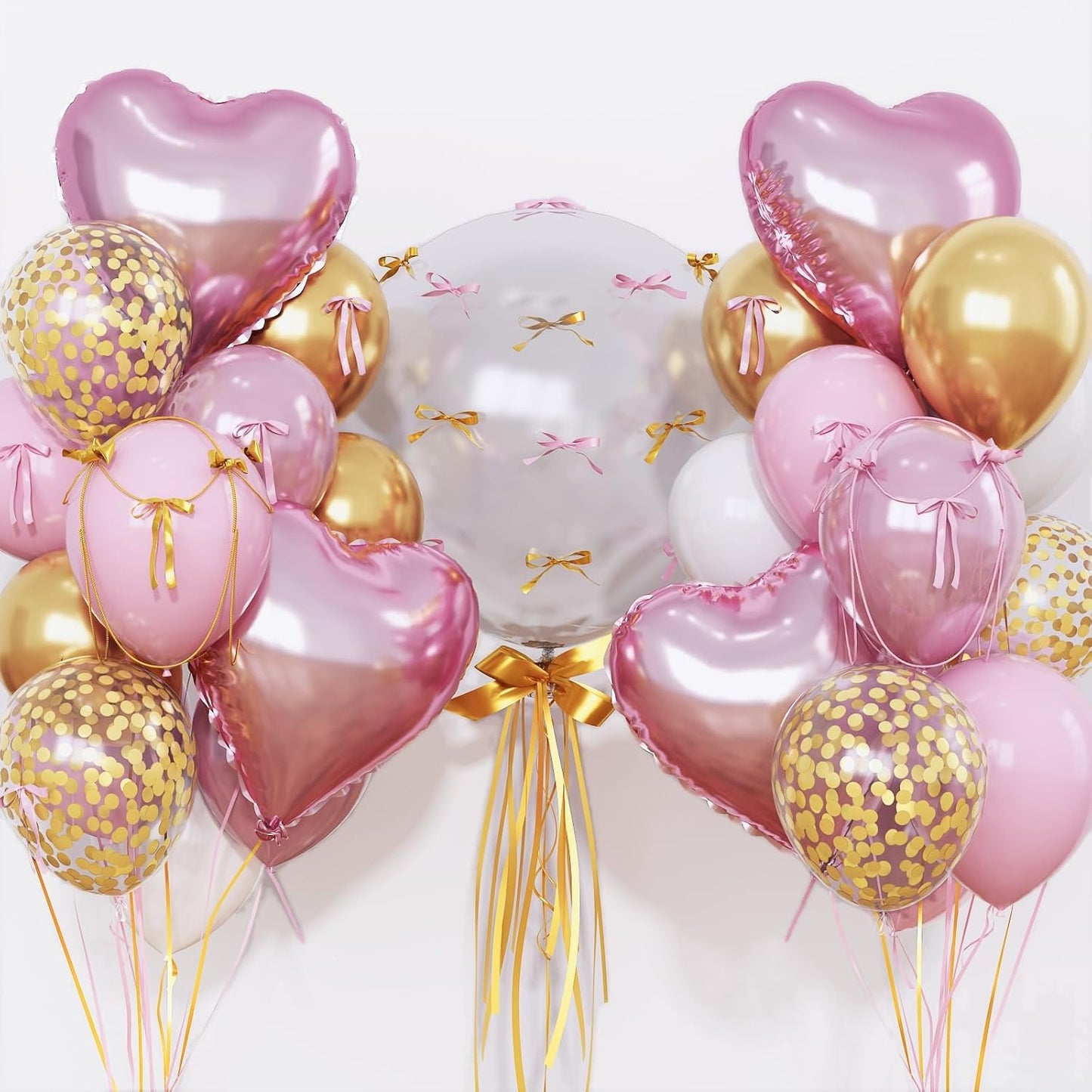 Skiennix Heart Shape Balloons - Light Pink & Gold Metallic Confetti | 18" Clear Mylar for Birthday Decor