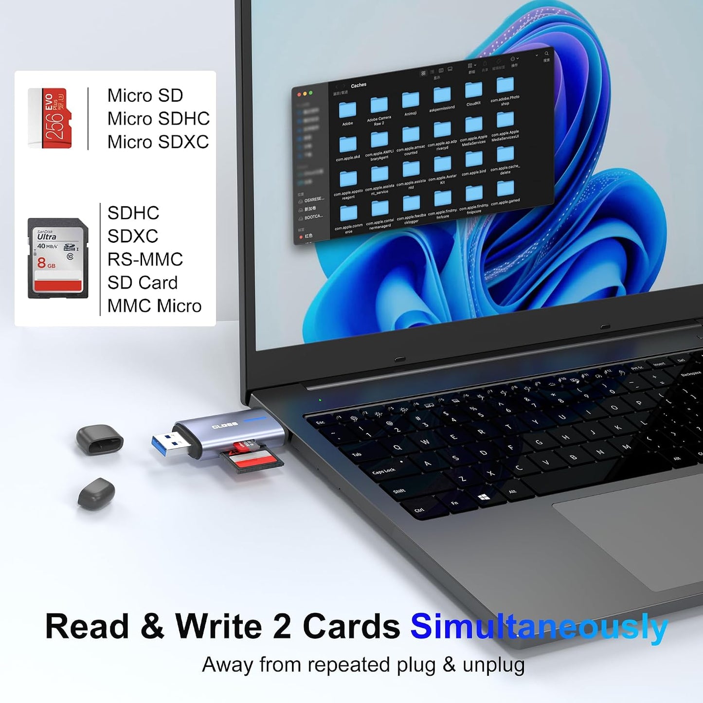 Closs 3.0 5Gbps 2-in-1 SD/SDHC/SDXC/MMC/UHS-I, 16/15, USB SD Card Reader, Type-C & USB-A Dual Slot Memory Card Reader